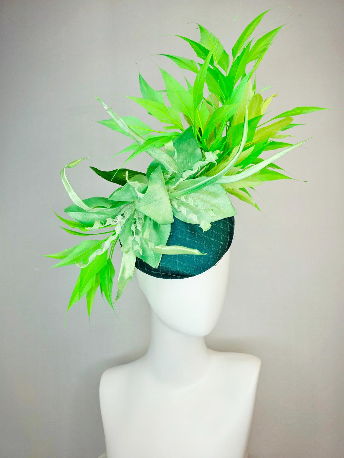 kentucky derby hat fascinator emerald green satin with netting light green satin flower with curls yellow lime green branching feathers