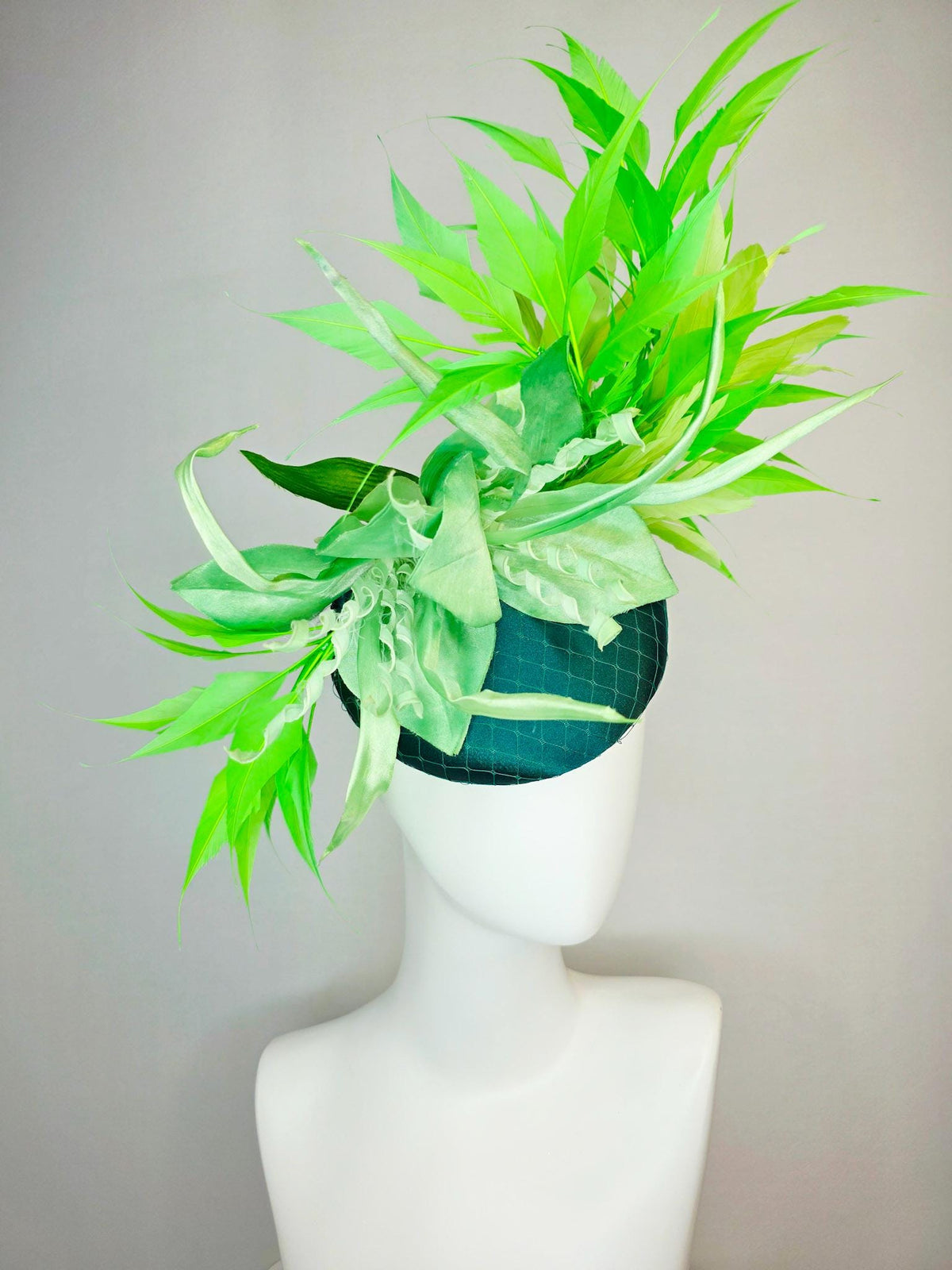 kentucky derby hat fascinator emerald green satin with netting light green satin flower with curls yellow lime green branching feathers