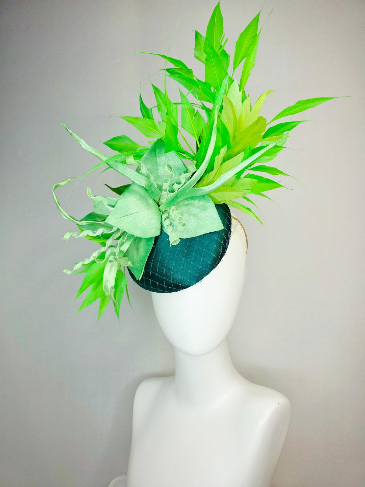 kentucky derby hat fascinator emerald green satin with netting light green satin flower with curls yellow lime green branching feathers