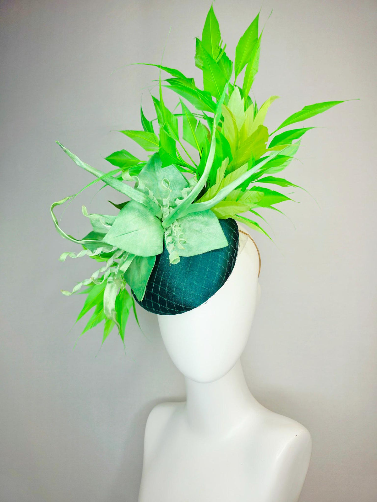 kentucky derby hat fascinator emerald green satin with netting light green satin flower with curls yellow lime green branching feathers