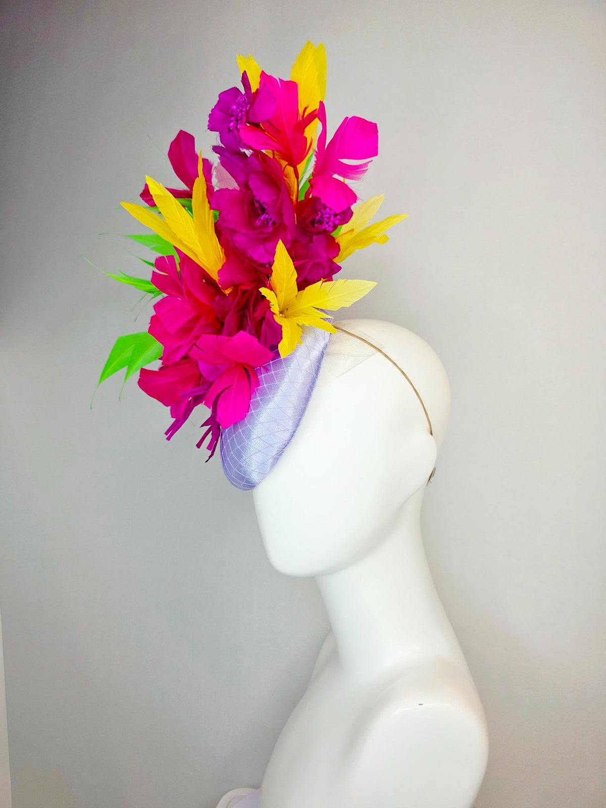 kentucky derby hat fascinator lavender purple satin with netting magenta pink organza flowers yellow lime green fuchsia branching feathers