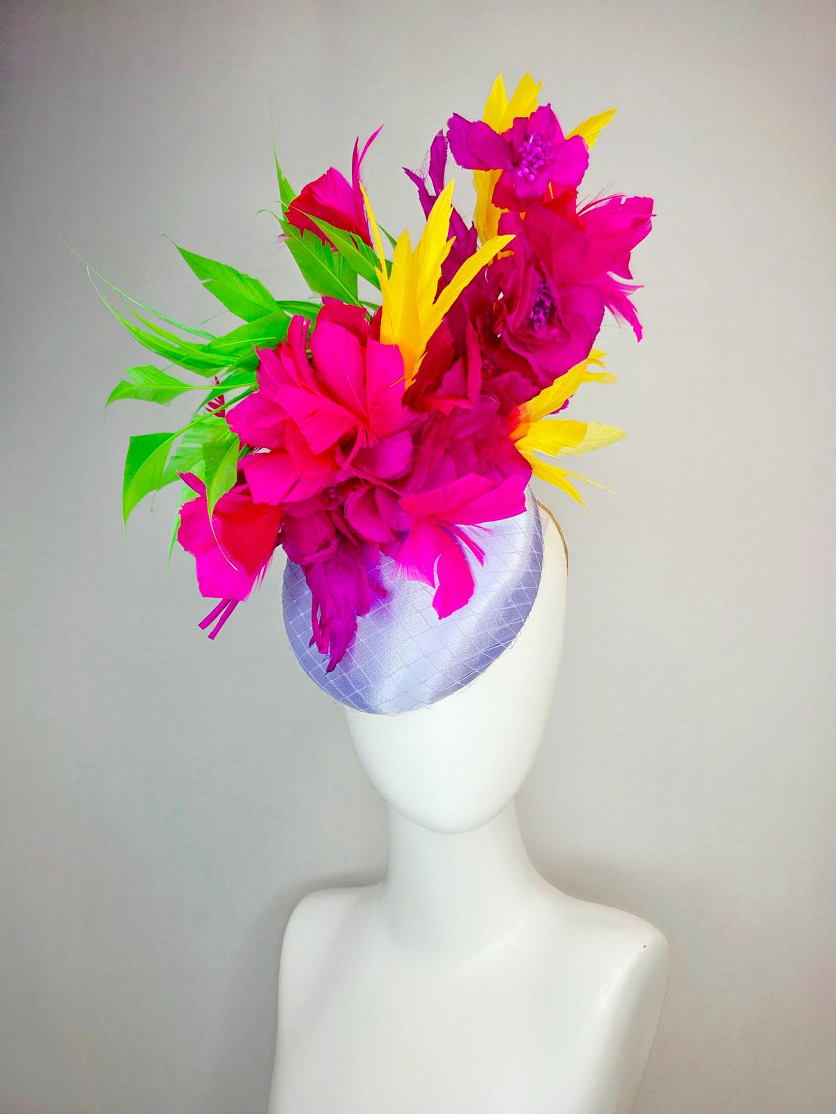 kentucky derby hat fascinator lavender purple satin with netting magenta pink organza flowers yellow lime green fuchsia branching feathers