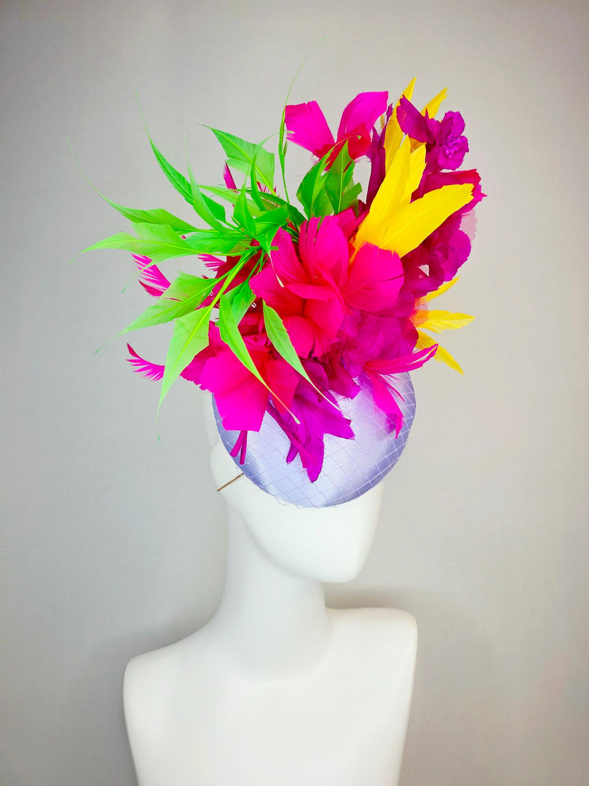kentucky derby hat fascinator lavender purple satin with netting magenta pink organza flowers yellow lime green fuchsia branching feathers