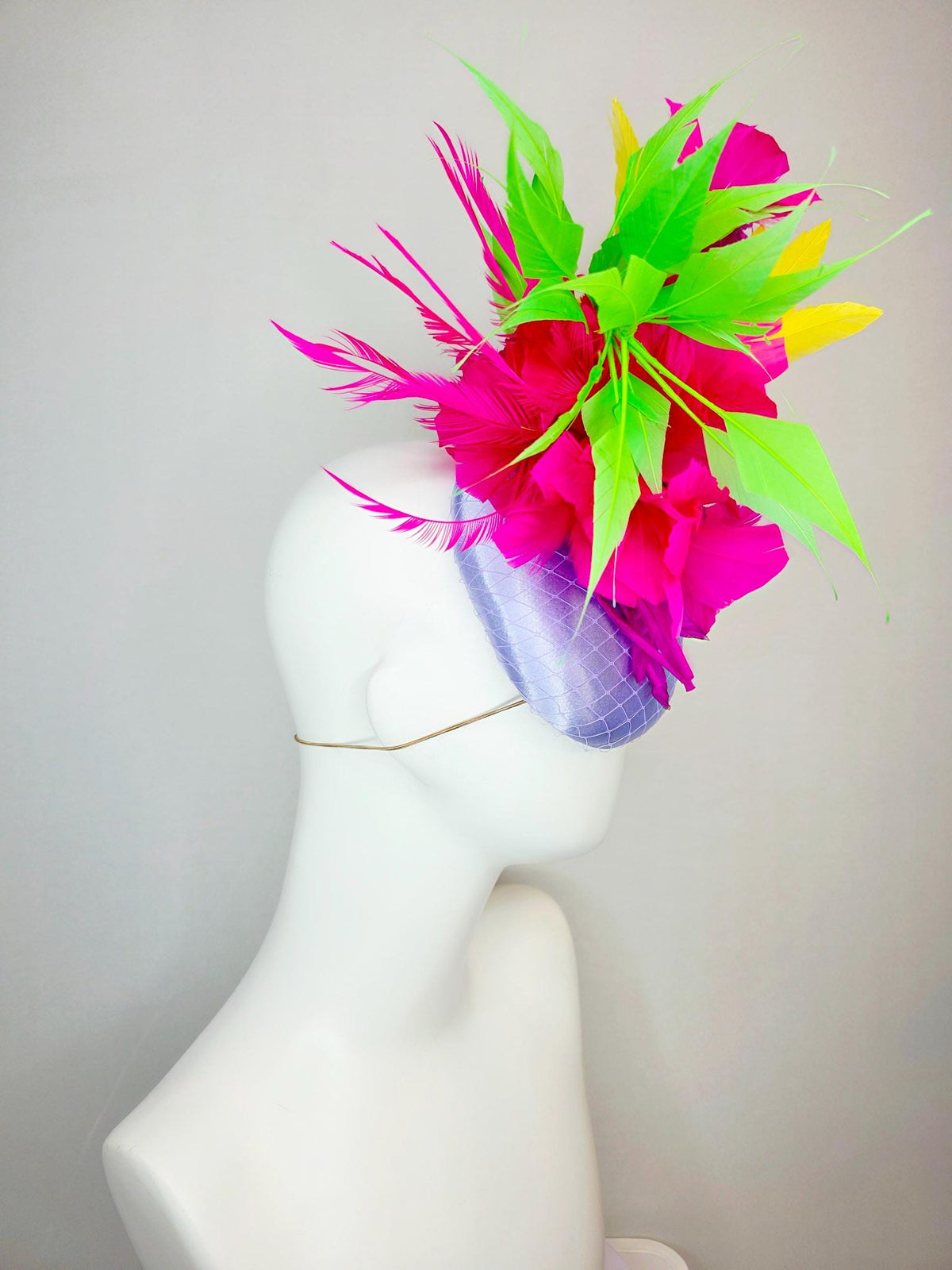 kentucky derby hat fascinator lavender purple satin with netting magenta pink organza flowers yellow lime green fuchsia branching feathers