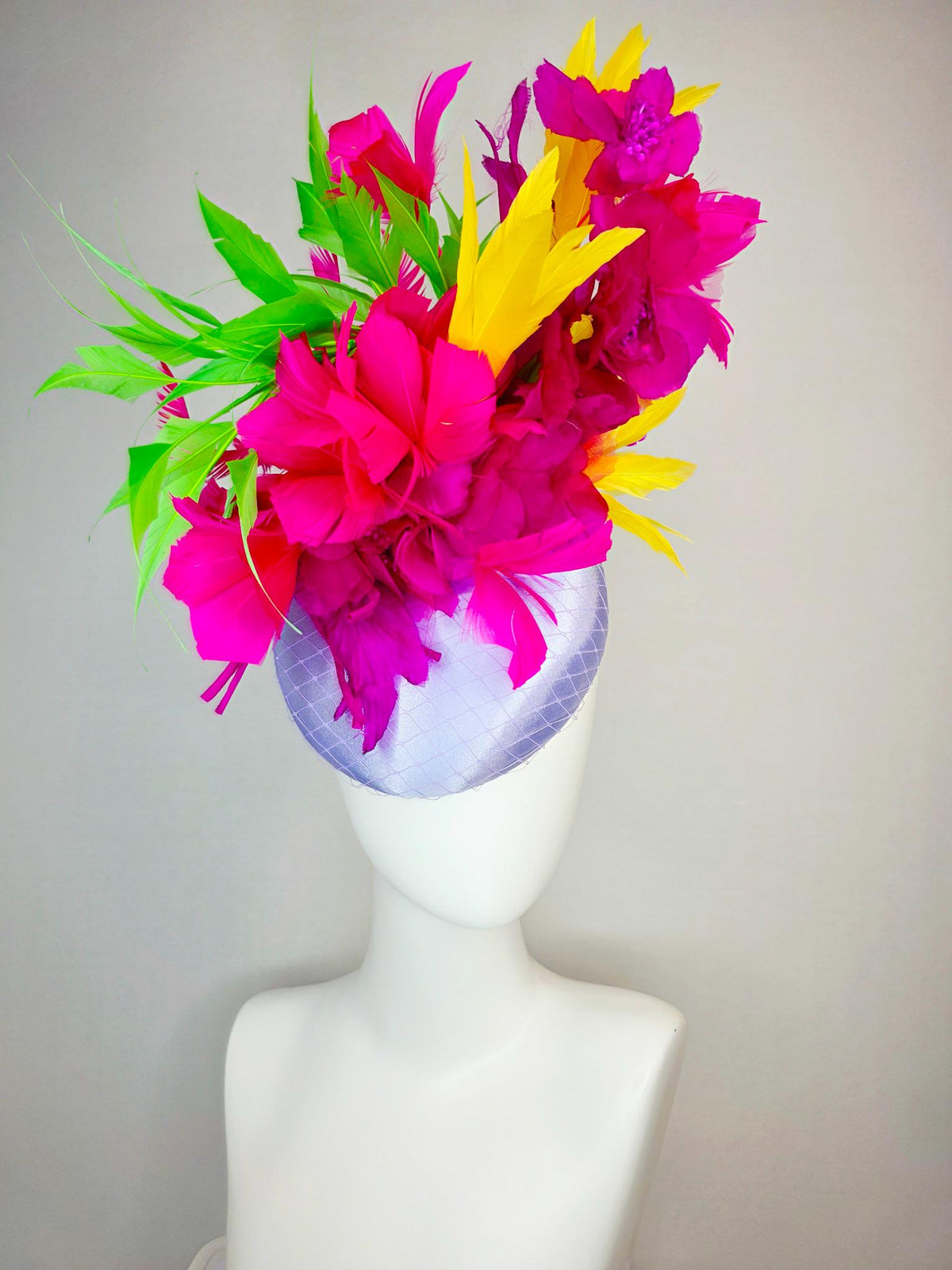 kentucky derby hat fascinator lavender purple satin with netting magenta pink organza flowers yellow lime green fuchsia branching feathers