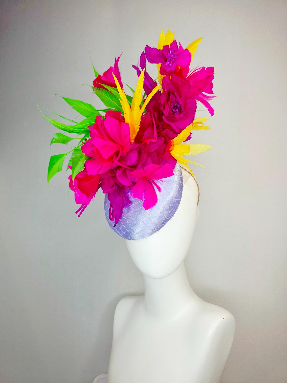 kentucky derby hat fascinator lavender purple satin with netting magenta pink organza flowers yellow lime green fuchsia branching feathers