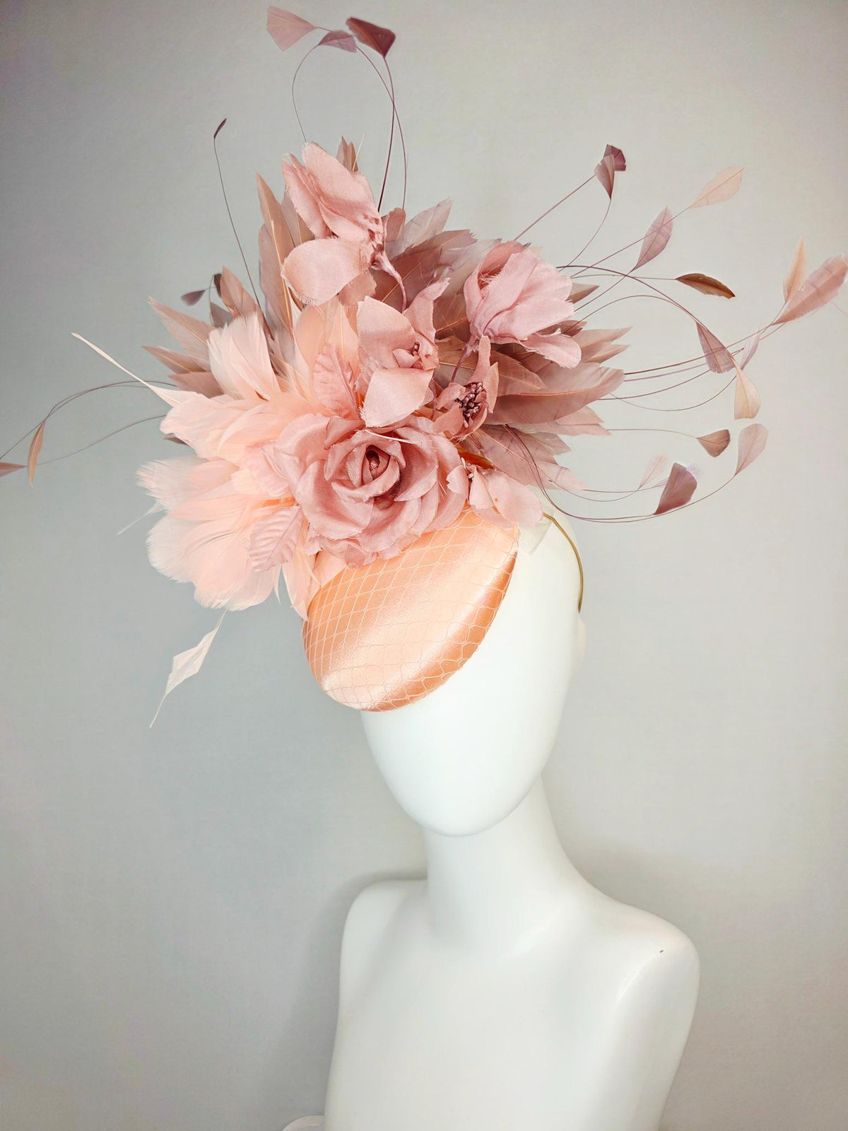 kentucky derby hat fascinator champagne pink peach satin with netting dusty pink organza roses baby pink and mauve dusty fluffy feathers