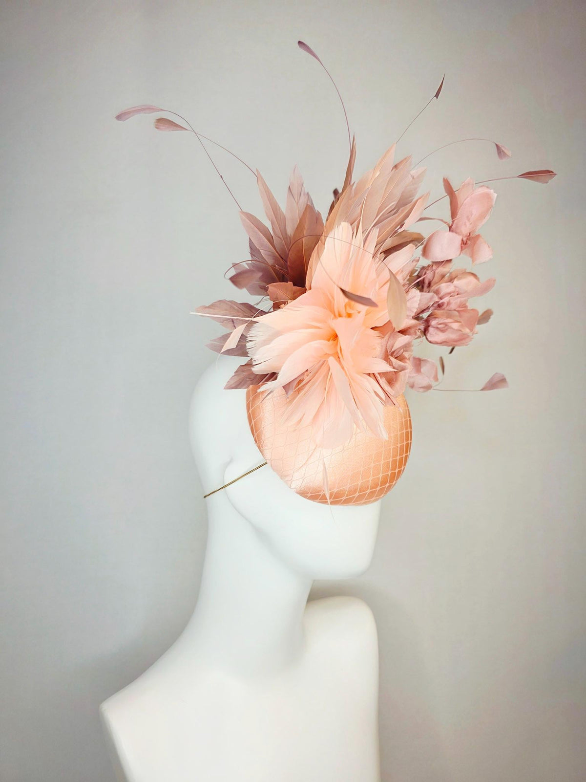 kentucky derby hat fascinator champagne pink peach satin with netting dusty pink organza roses baby pink and mauve dusty fluffy feathers