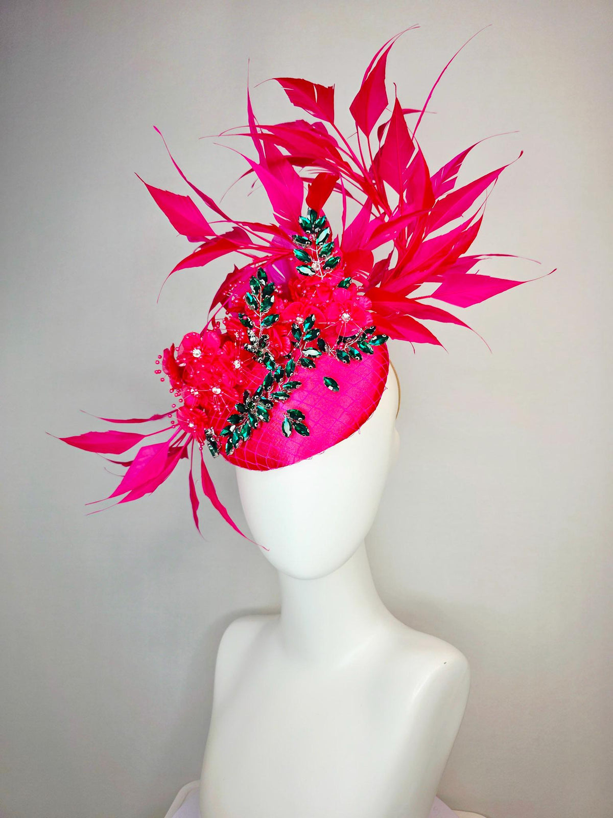 kentucky derby hat fascinator fuchsia satin with netting emerald green leaf vine crystal rhinestones raspberry pink flowers and feathers