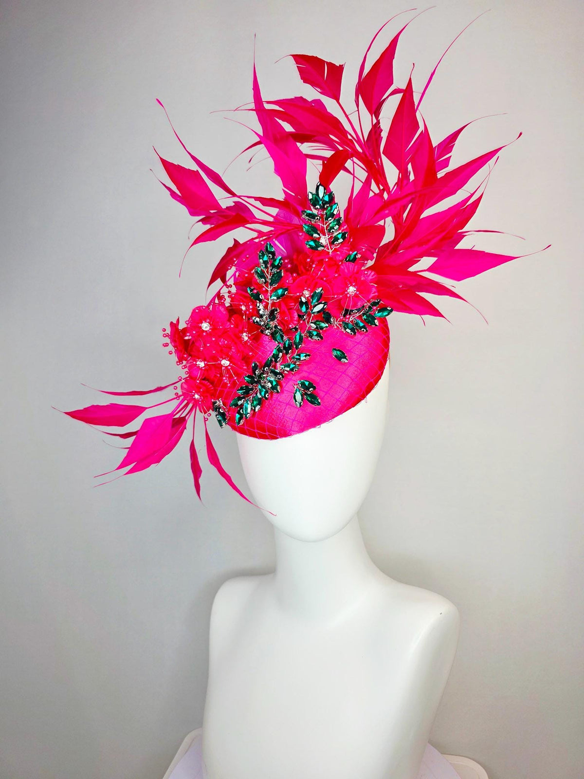 kentucky derby hat fascinator fuchsia satin with netting emerald green leaf vine crystal rhinestones raspberry pink flowers and feathers