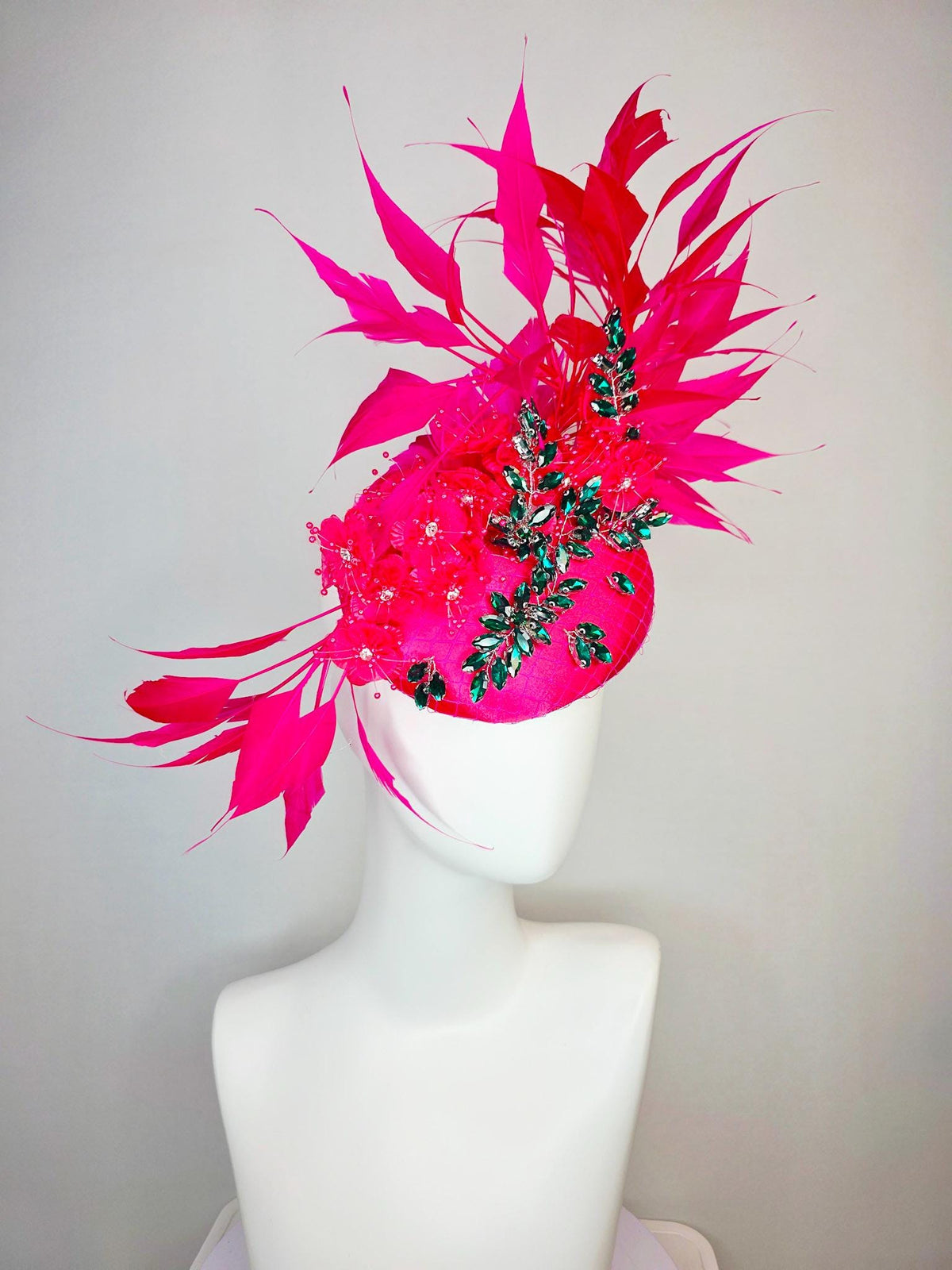 kentucky derby hat fascinator fuchsia satin with netting emerald green leaf vine crystal rhinestones raspberry pink flowers and feathers