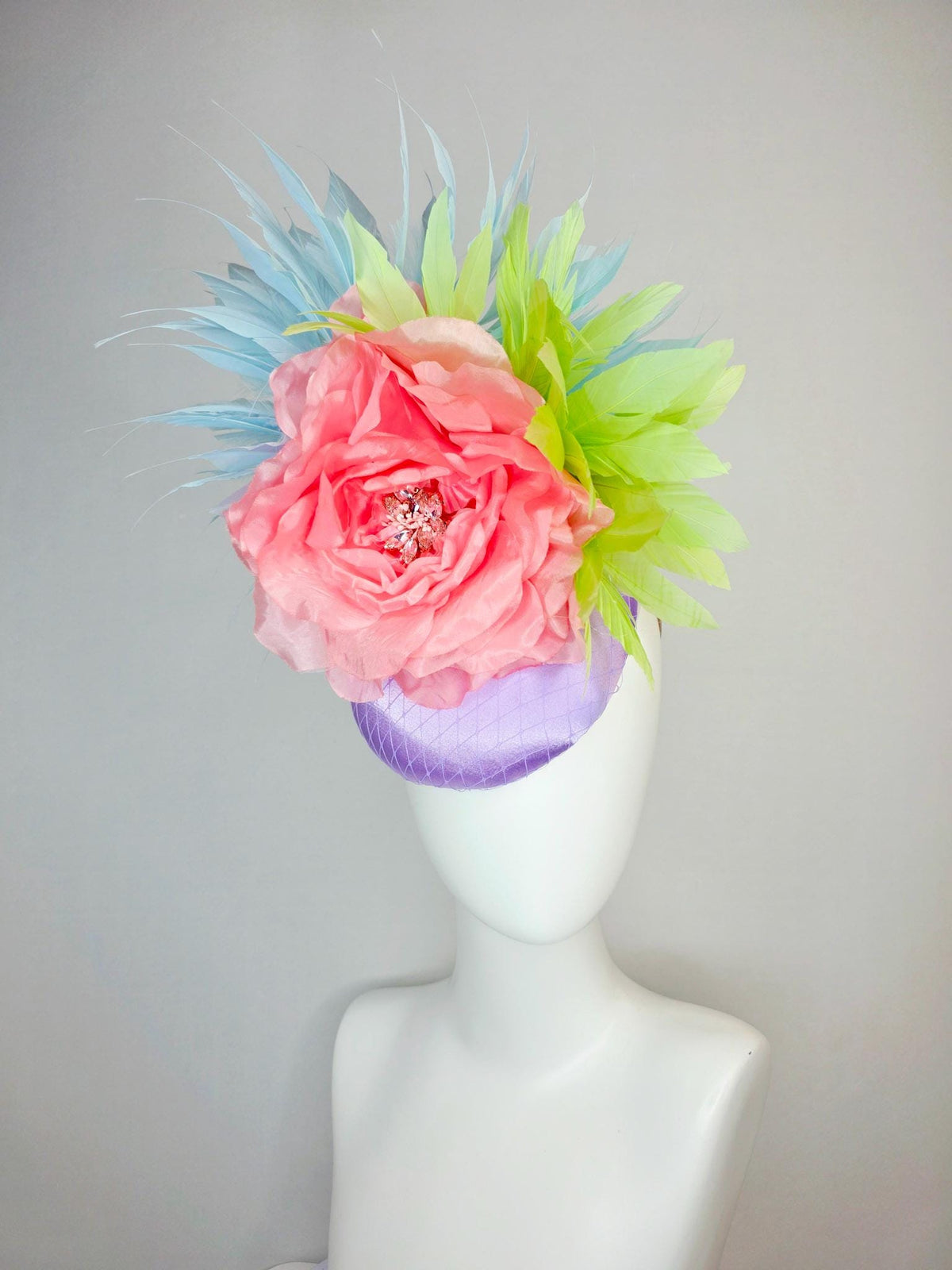 kentucky derby hat fascinator lavender purple satin with netting large light coral pink organza rose sky blue lime green branching feathers
