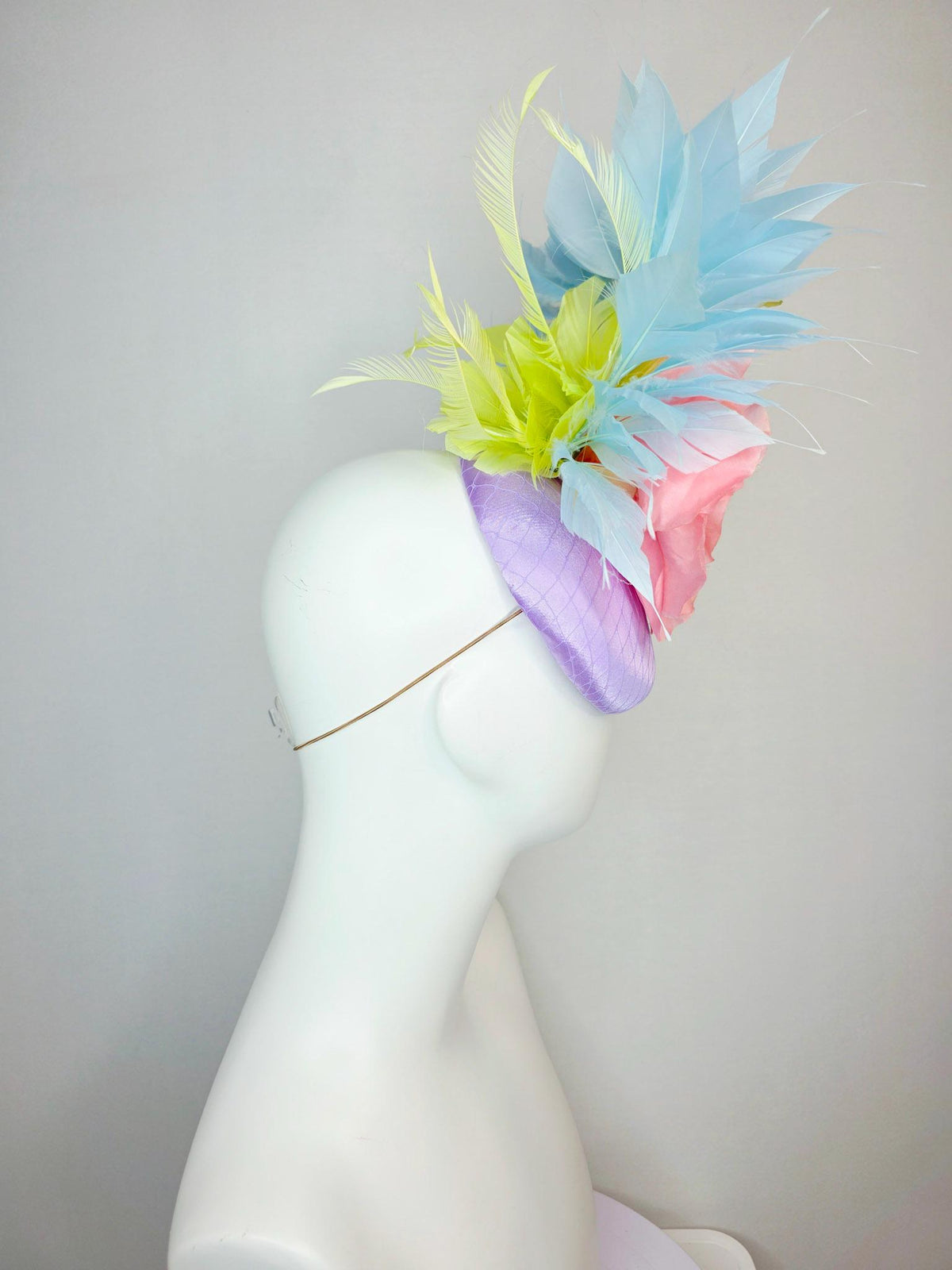 kentucky derby hat fascinator lavender purple satin with netting large light coral pink organza rose sky blue lime green branching feathers