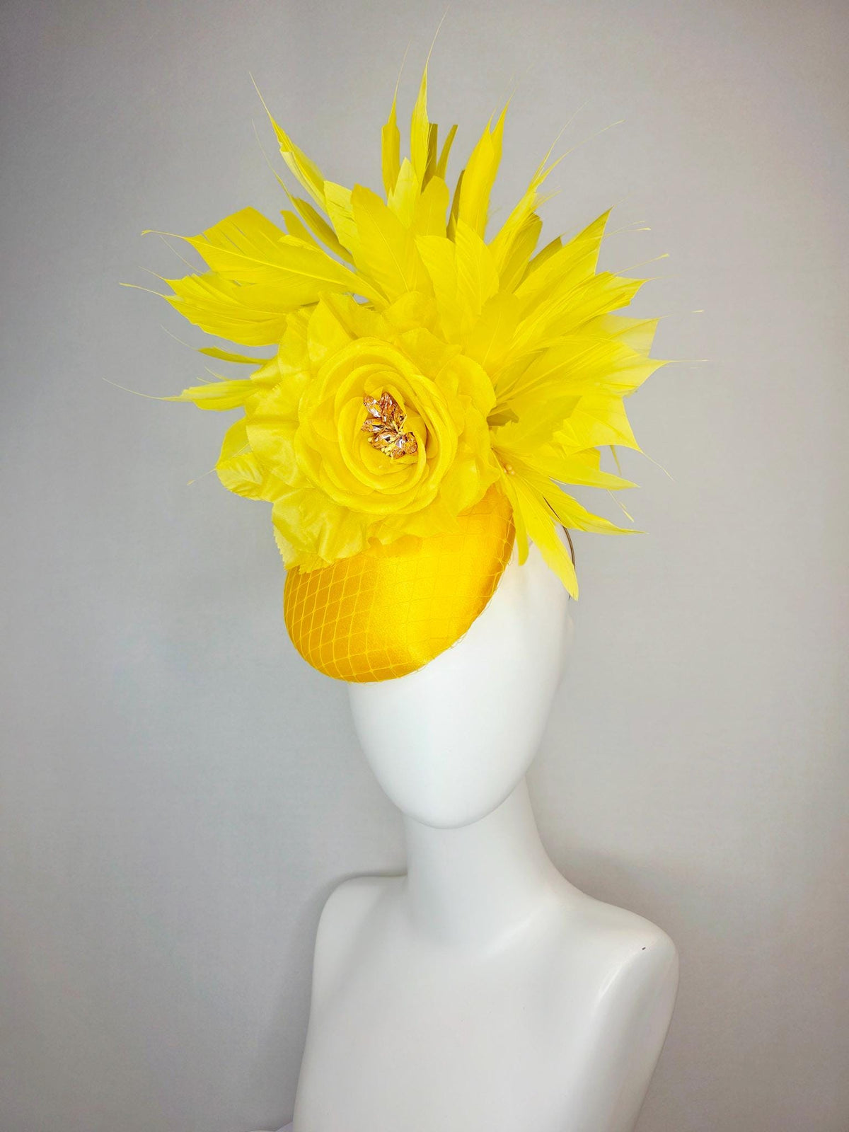 kentucky derby hat fascinator bright yellow satin with netting large yellow organza rose with yellow leaves and yellow branching feathers