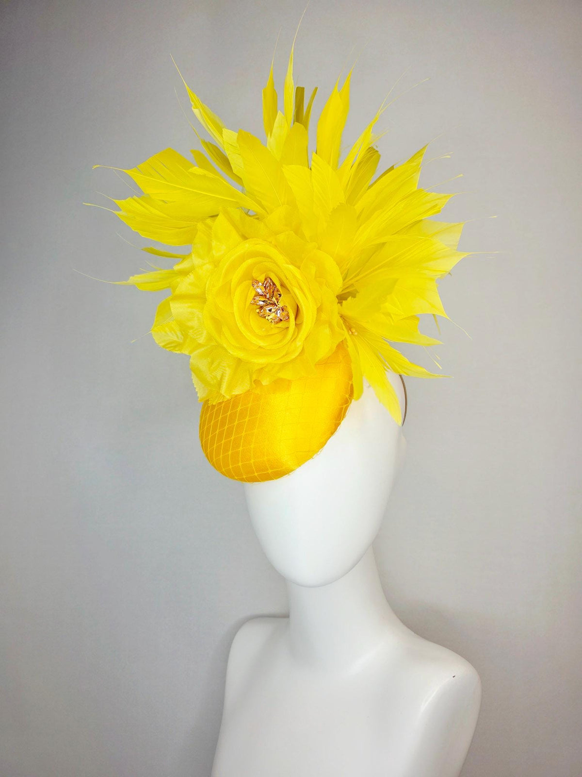 kentucky derby hat fascinator bright yellow satin with netting large yellow organza rose with yellow leaves and yellow branching feathers
