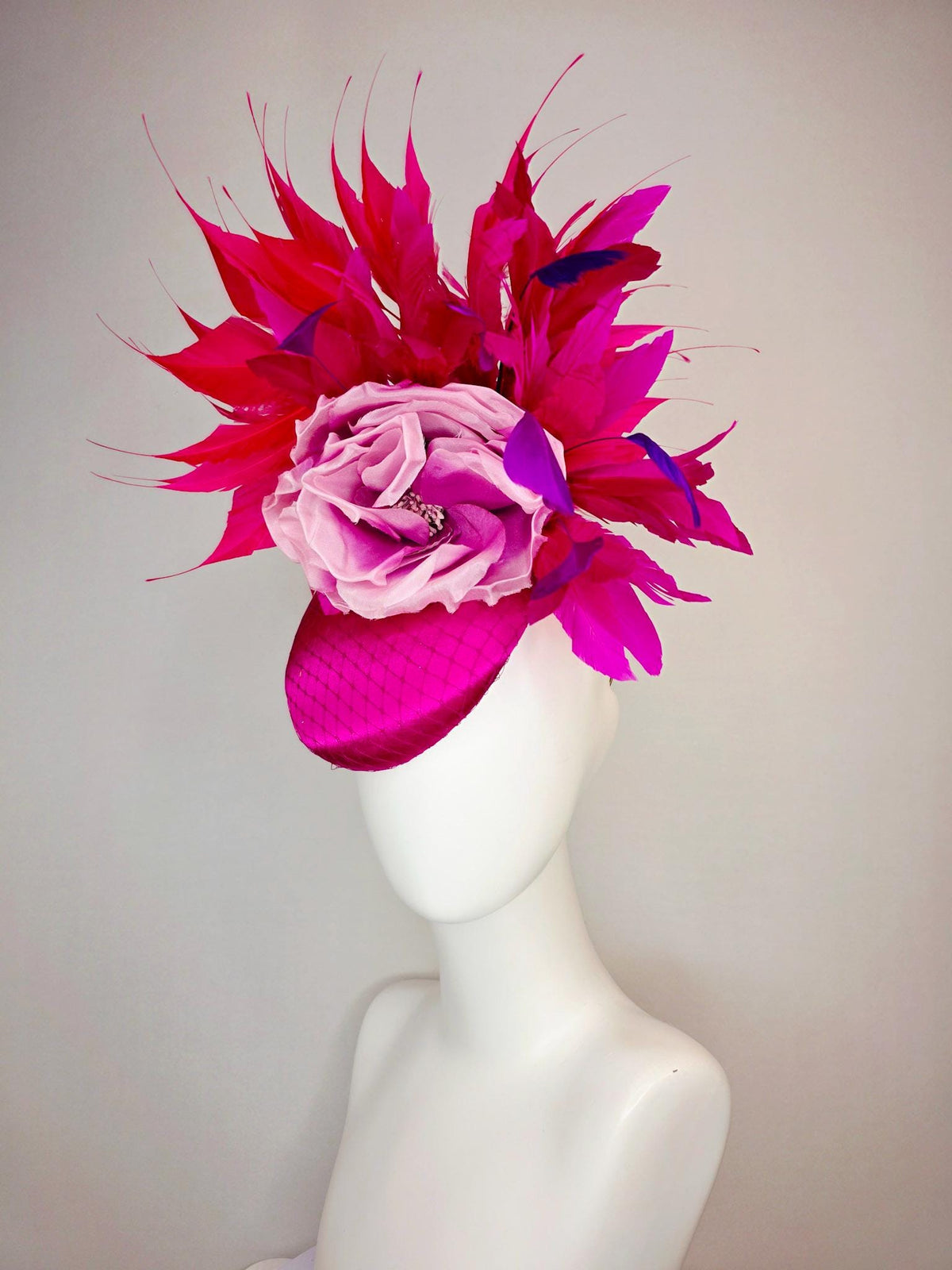 kentucky derby hat fascinator magenta pink satin with netting ombre lilac pink organza rose red hot pink magenta purple branching feathers