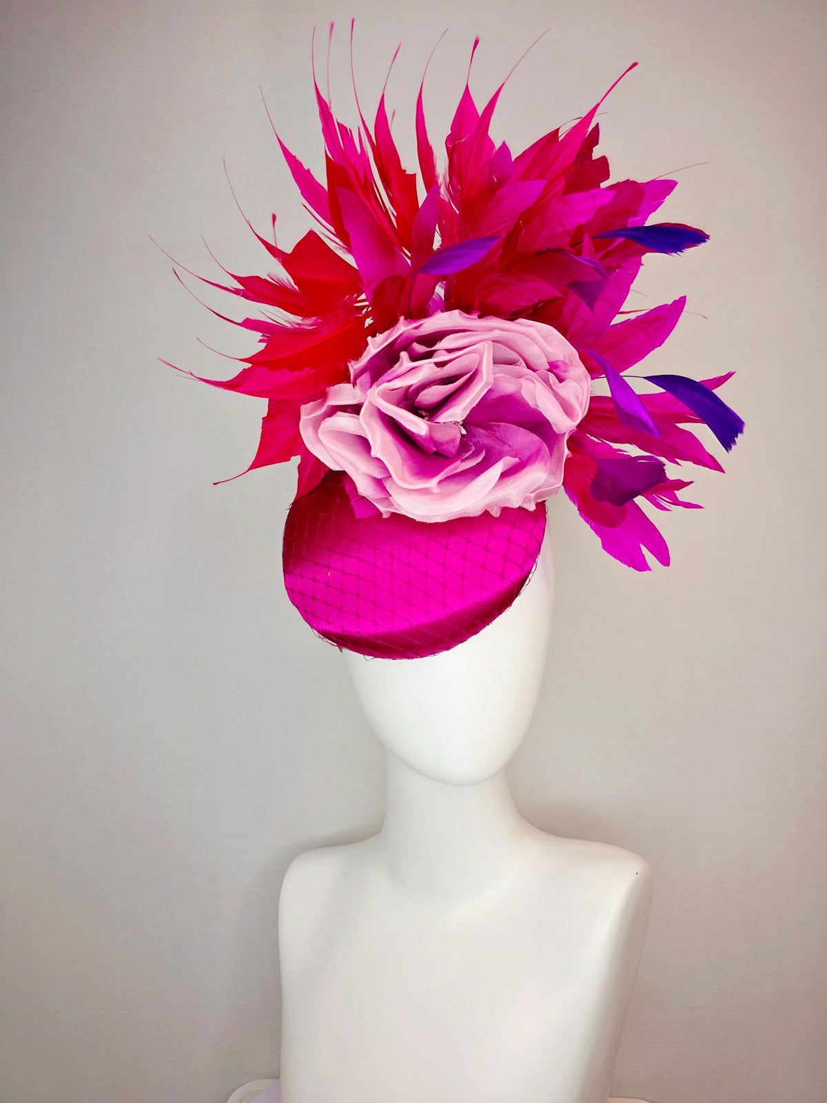 kentucky derby hat fascinator magenta pink satin with netting ombre lilac pink organza rose red hot pink magenta purple branching feathers