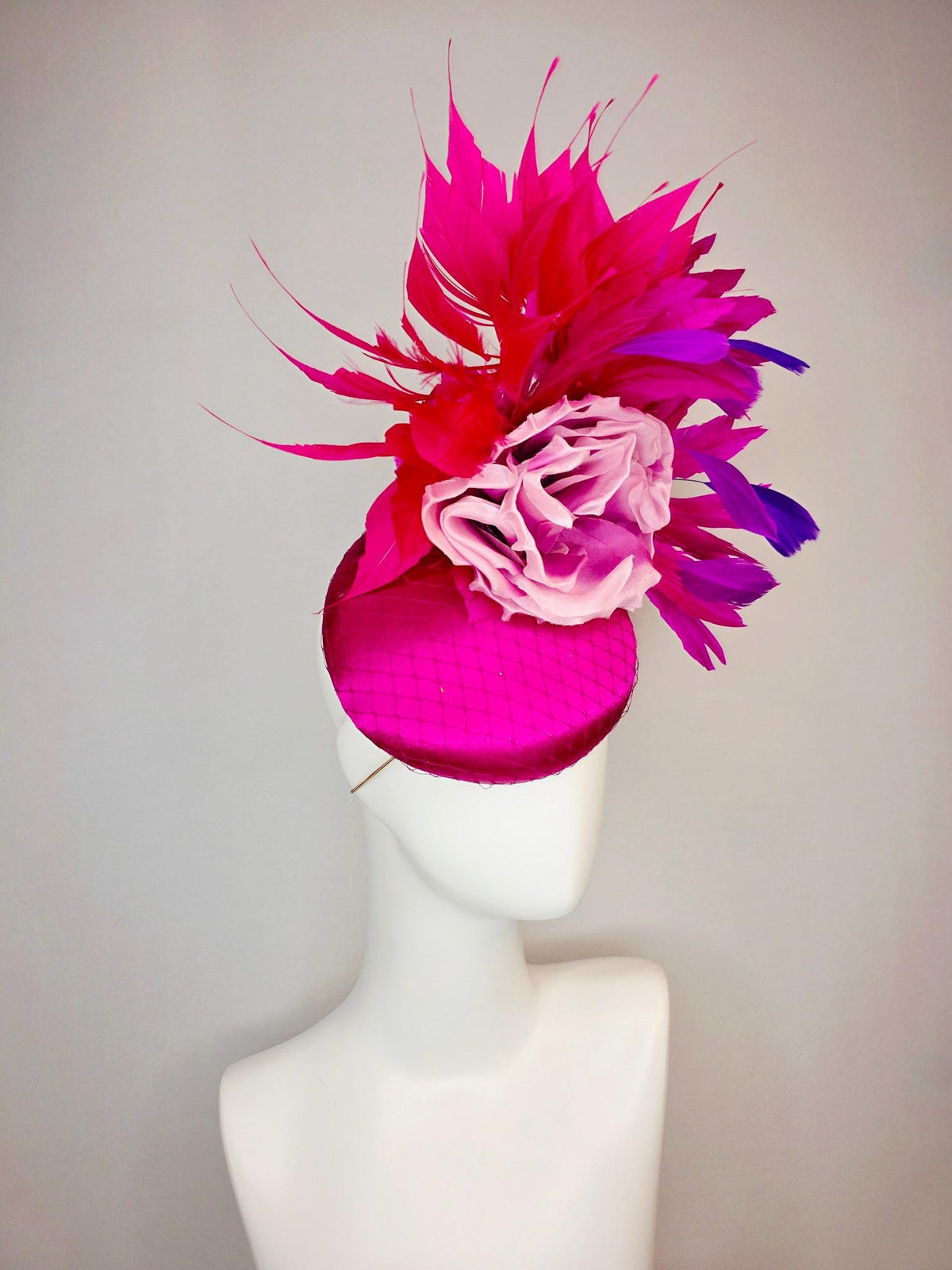 kentucky derby hat fascinator magenta pink satin with netting ombre lilac pink organza rose red hot pink magenta purple branching feathers