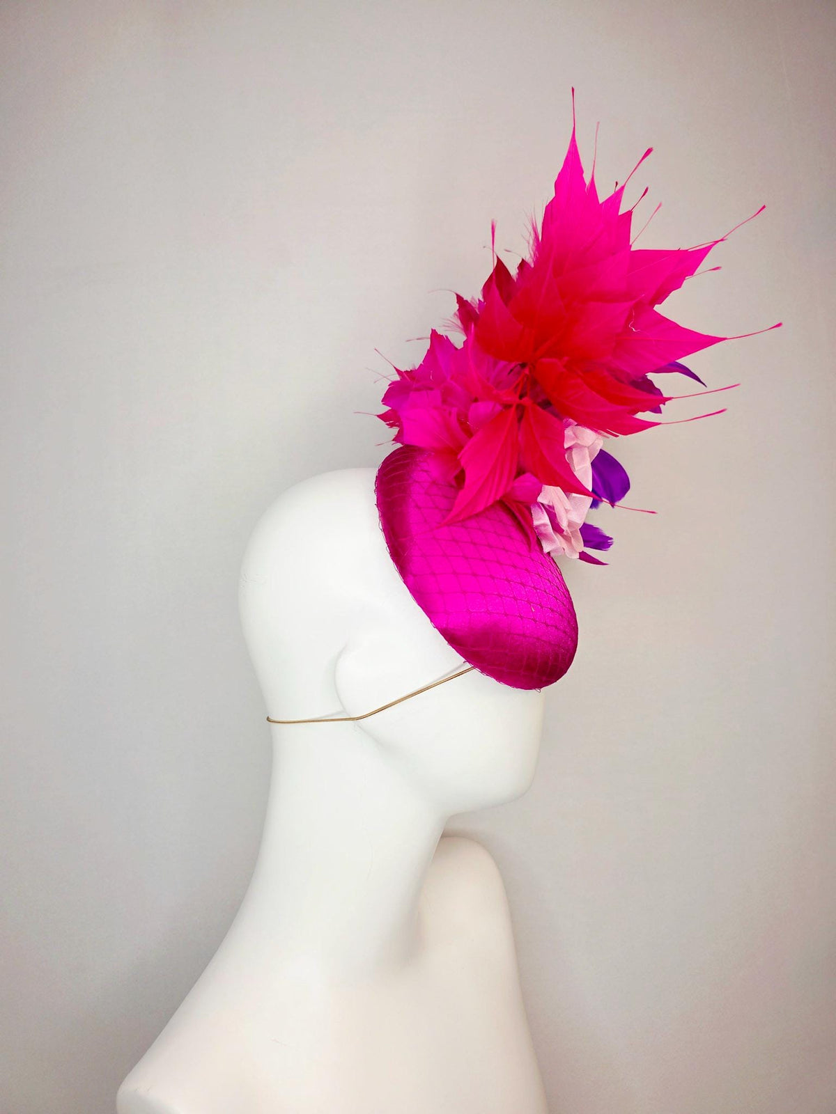 kentucky derby hat fascinator magenta pink satin with netting ombre lilac pink organza rose red hot pink magenta purple branching feathers