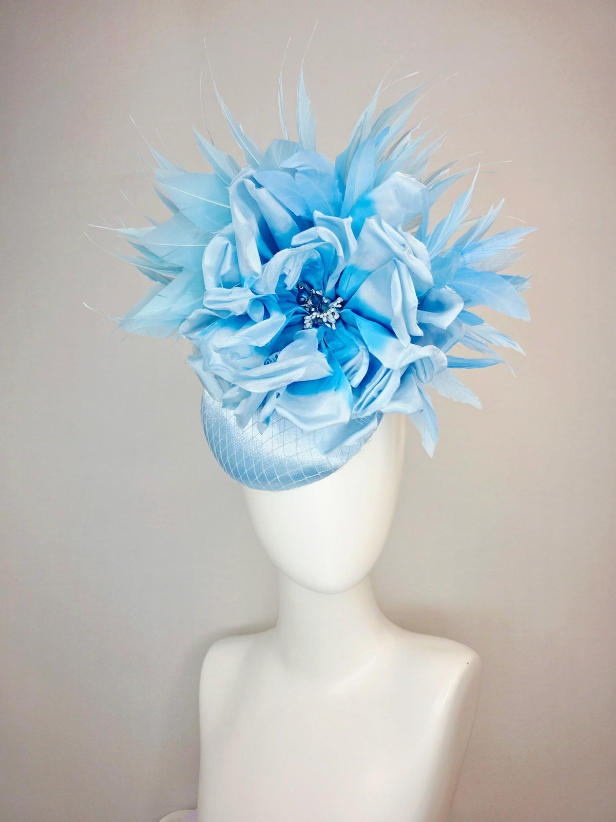 kentucky derby hat fascinator light blue satin with netting large ombre sky blue satin rose flower with baby and sky blue branching feathers