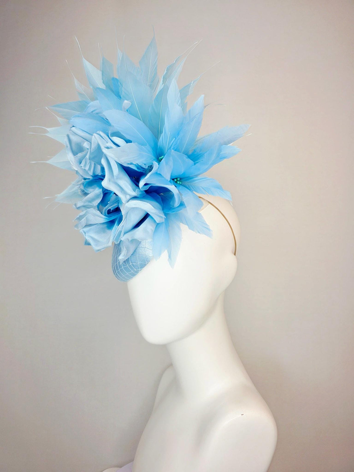 kentucky derby hat fascinator light blue satin with netting large ombre sky blue satin rose flower with baby and sky blue branching feathers