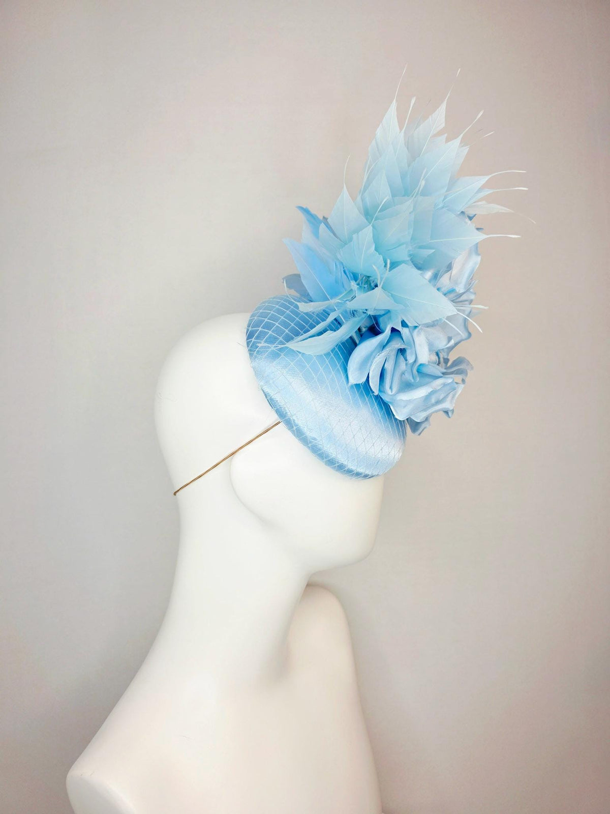 kentucky derby hat fascinator light blue satin with netting large ombre sky blue satin rose flower with baby and sky blue branching feathers