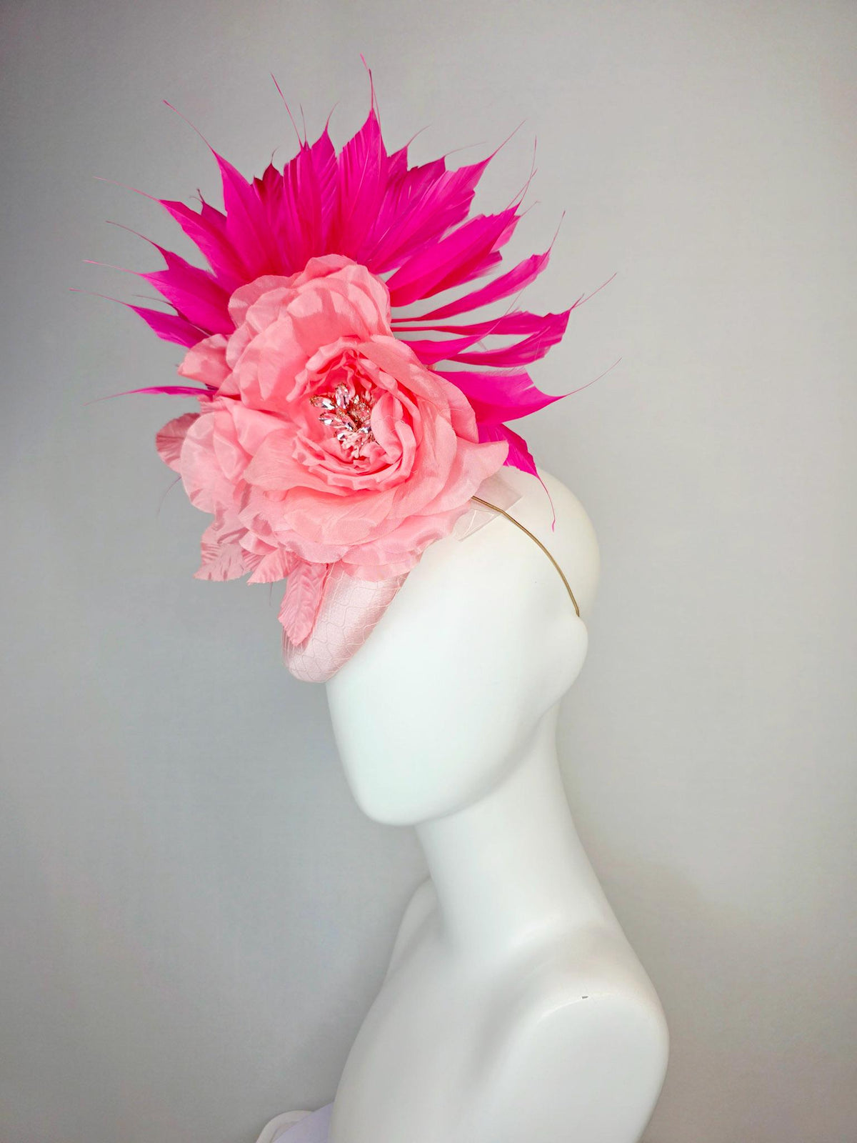 kentucky derby hat fascinator light pink satin with netting large baby pink satin rose light pink leaves and fuchsia pink branching feathers