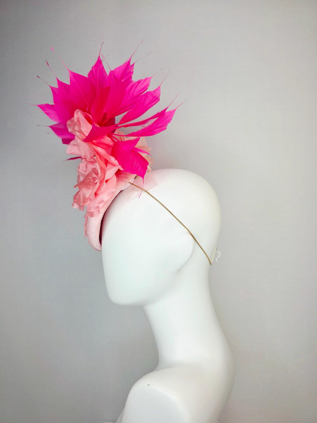 kentucky derby hat fascinator light pink satin with netting large baby pink satin rose light pink leaves and fuchsia pink branching feathers