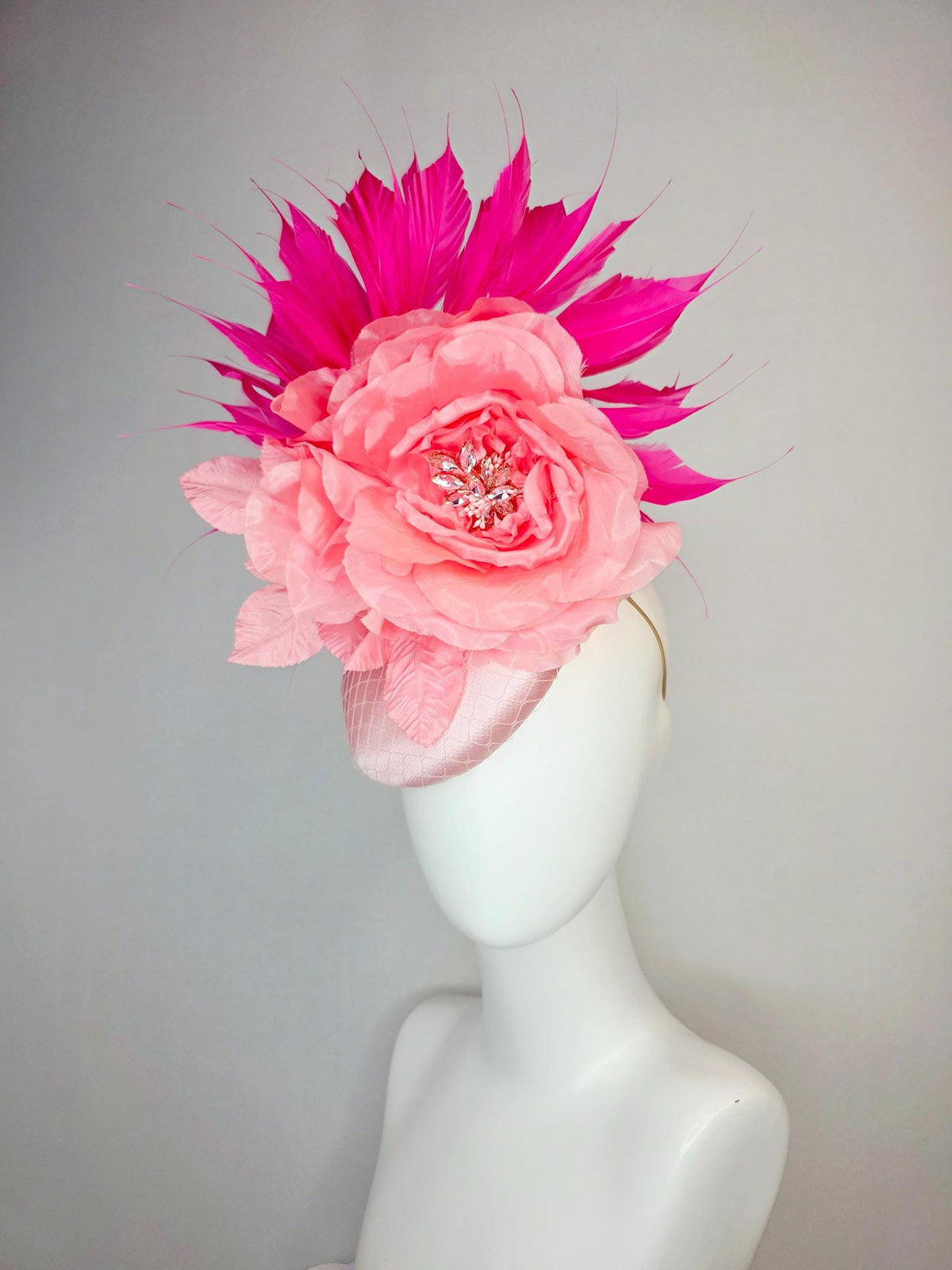 kentucky derby hat fascinator light pink satin with netting large baby pink satin rose light pink leaves and fuchsia pink branching feathers