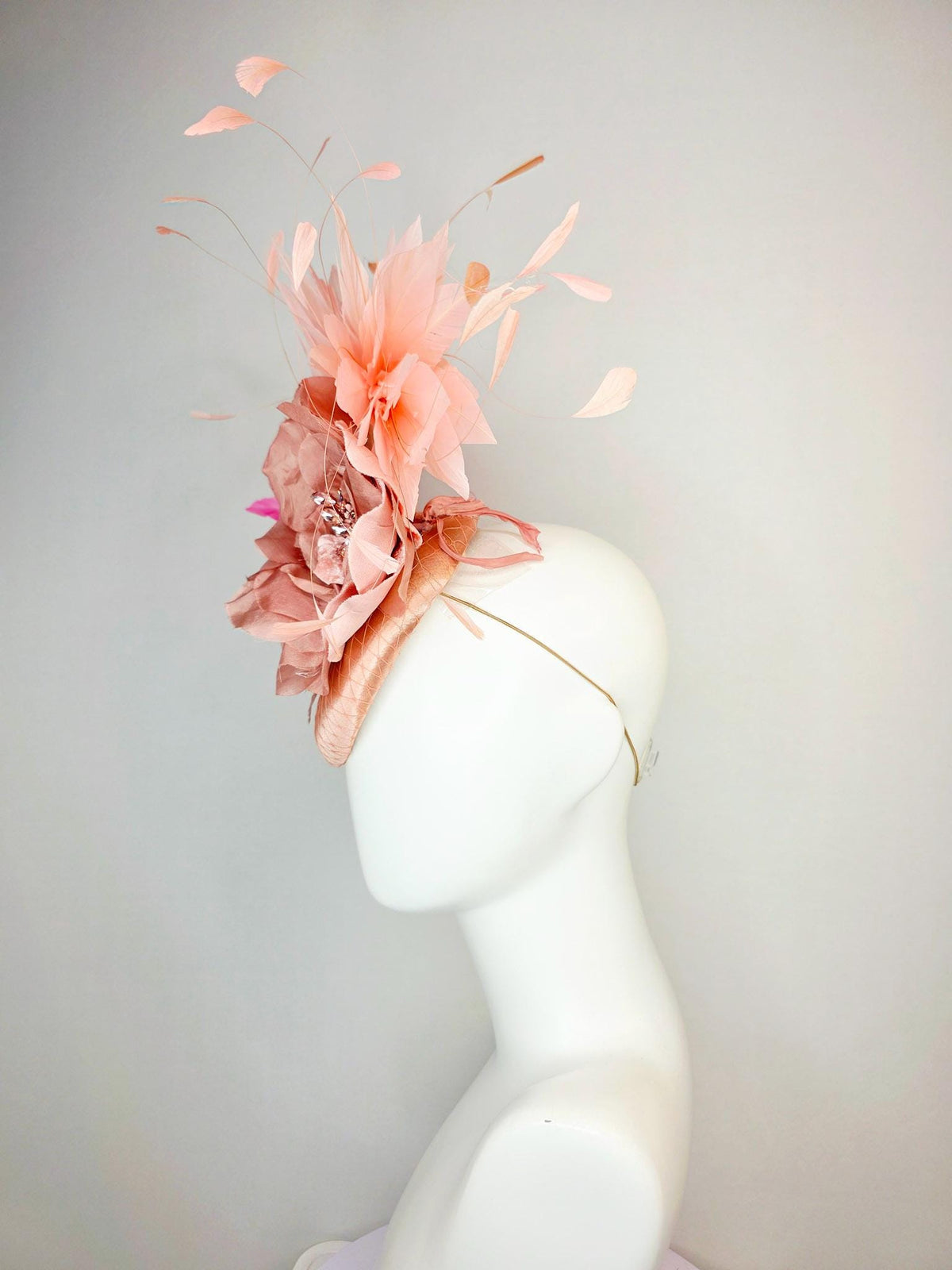 kentucky derby hat fascinator champagne pink satin with netting large mauve dusty pink satin rose light and blush pink branching feathers