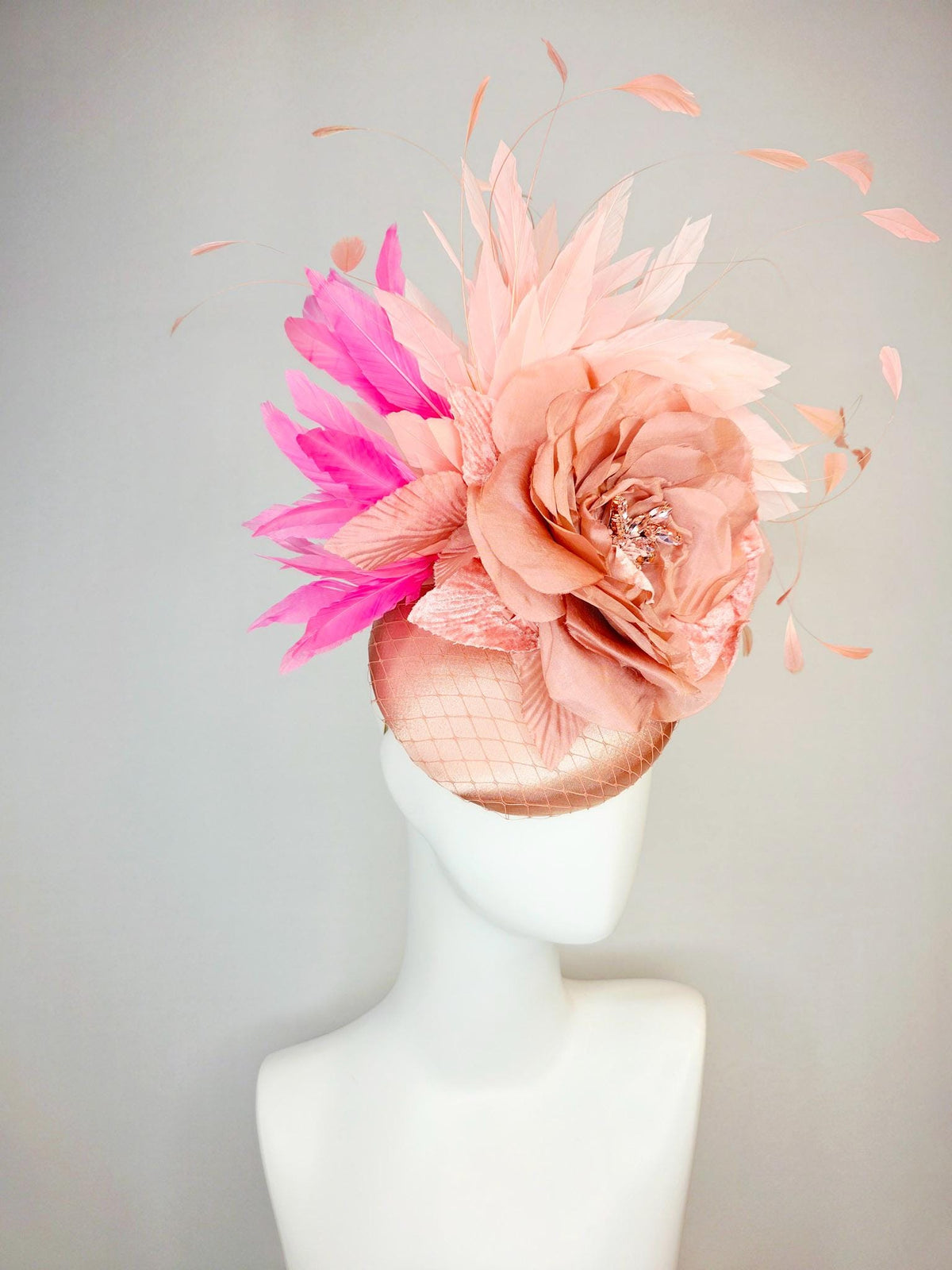kentucky derby hat fascinator champagne pink satin with netting large mauve dusty pink satin rose light and blush pink branching feathers