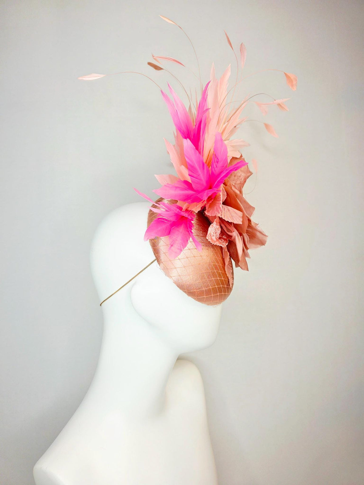 kentucky derby hat fascinator champagne pink satin with netting large mauve dusty pink satin rose light and blush pink branching feathers
