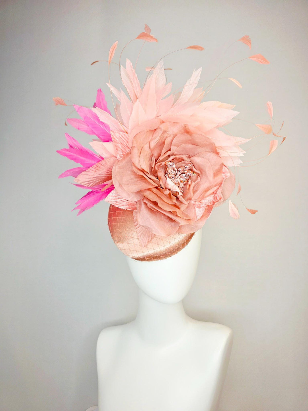 kentucky derby hat fascinator champagne pink satin with netting large mauve dusty pink satin rose light and blush pink branching feathers