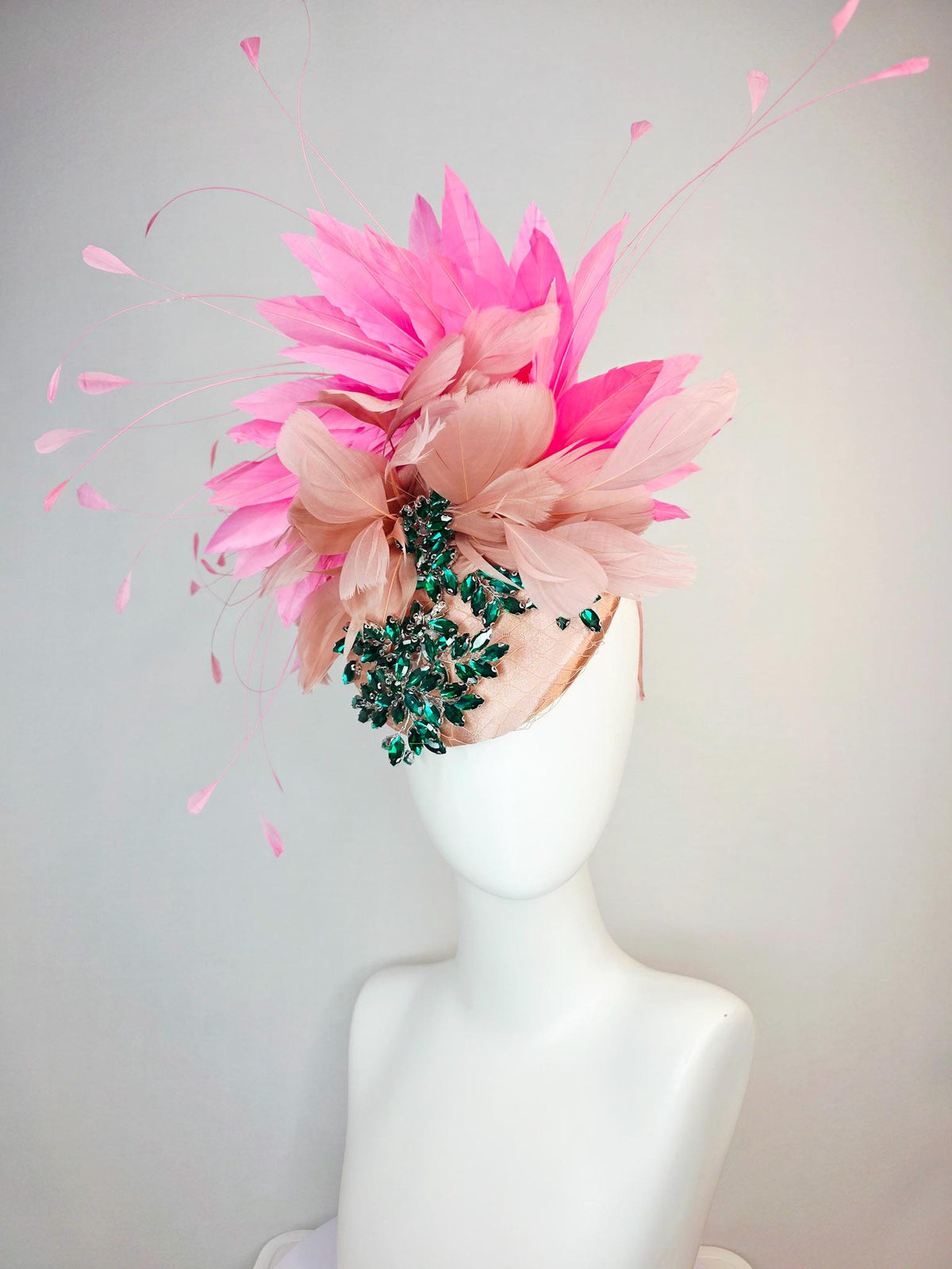kentucky derby hat fascinator champagne pink satin with netting leaf vine emerald green crystal rhinestone dusty mauve blush pink feathers
