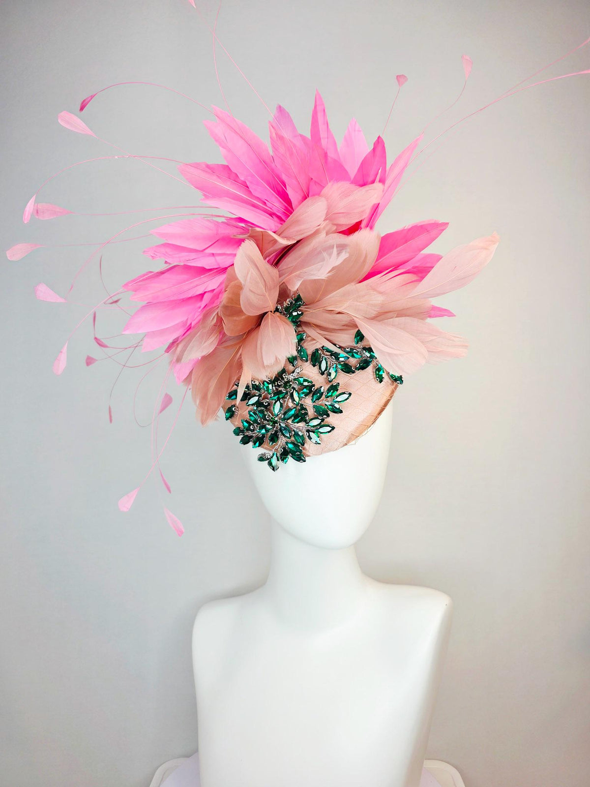 kentucky derby hat fascinator champagne pink satin with netting leaf vine emerald green crystal rhinestone dusty mauve blush pink feathers