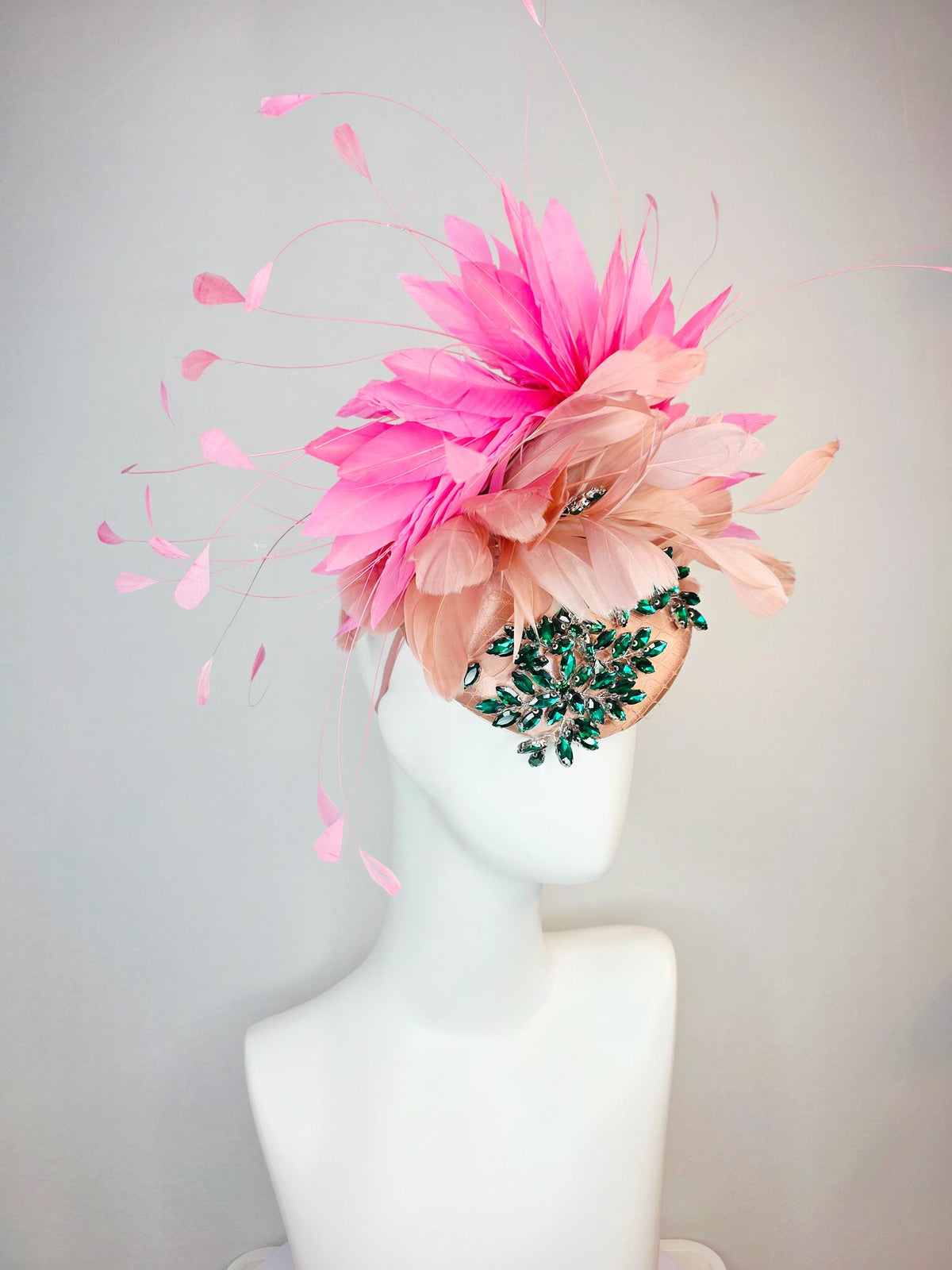 kentucky derby hat fascinator champagne pink satin with netting leaf vine emerald green crystal rhinestone dusty mauve blush pink feathers