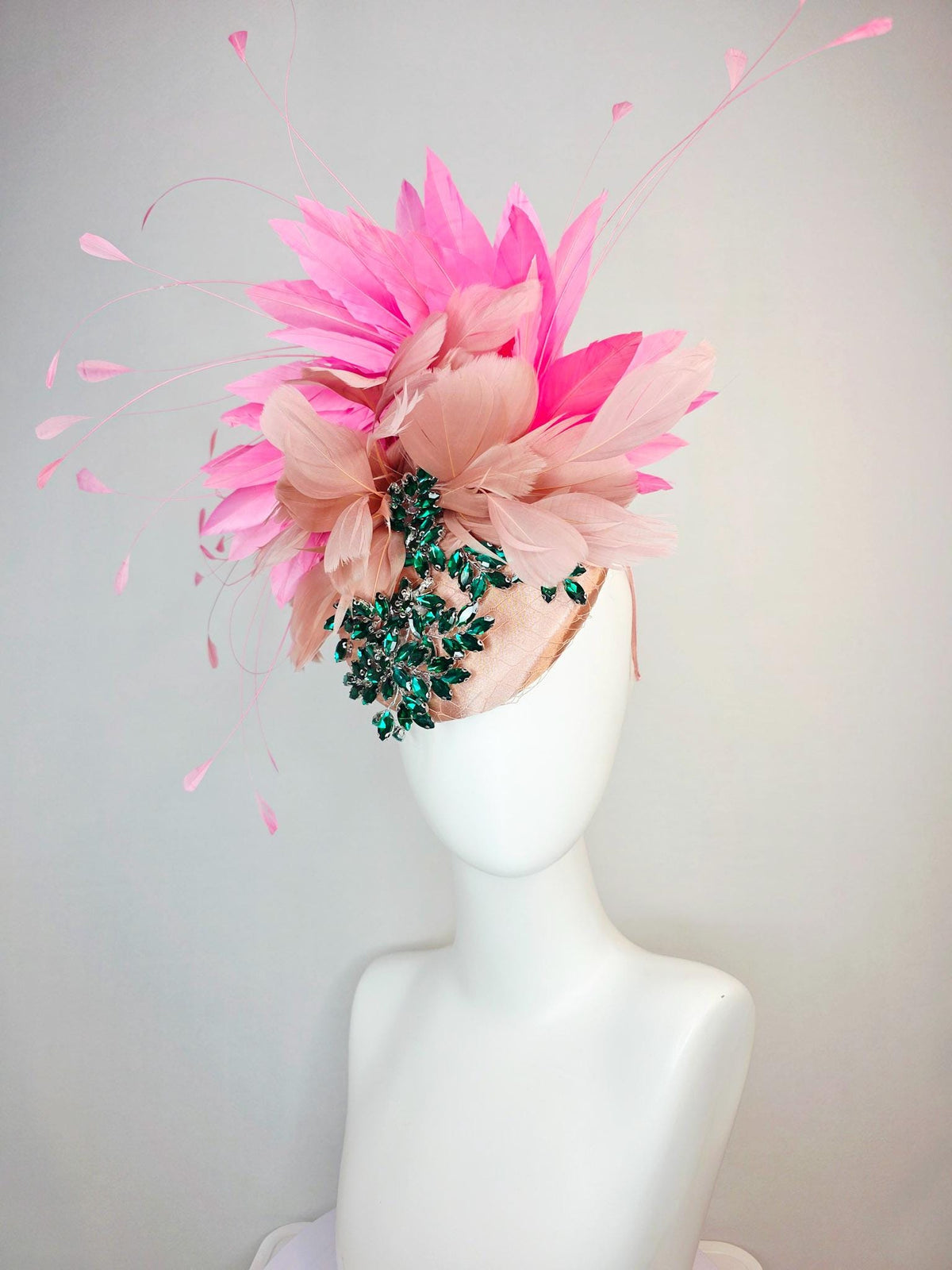 kentucky derby hat fascinator champagne pink satin with netting leaf vine emerald green crystal rhinestone dusty mauve blush pink feathers
