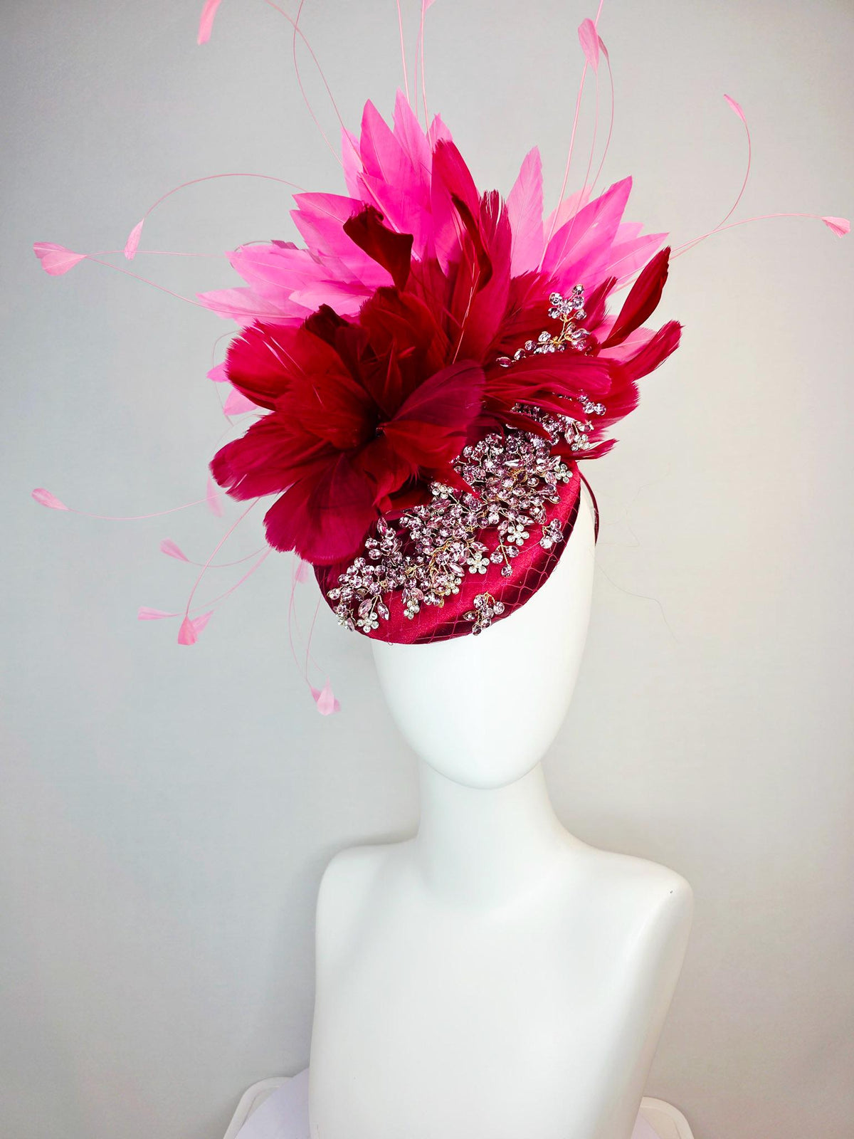 kentucky derby hat fascinator wine red satin with netting leaf vine clear silver crystal rhinestone fluffy burgundy red blush pink feathers