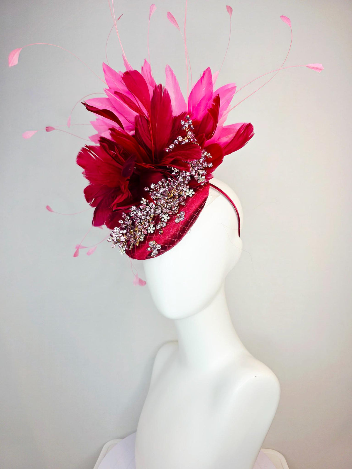 kentucky derby hat fascinator wine red satin with netting leaf vine clear silver crystal rhinestone fluffy burgundy red blush pink feathers