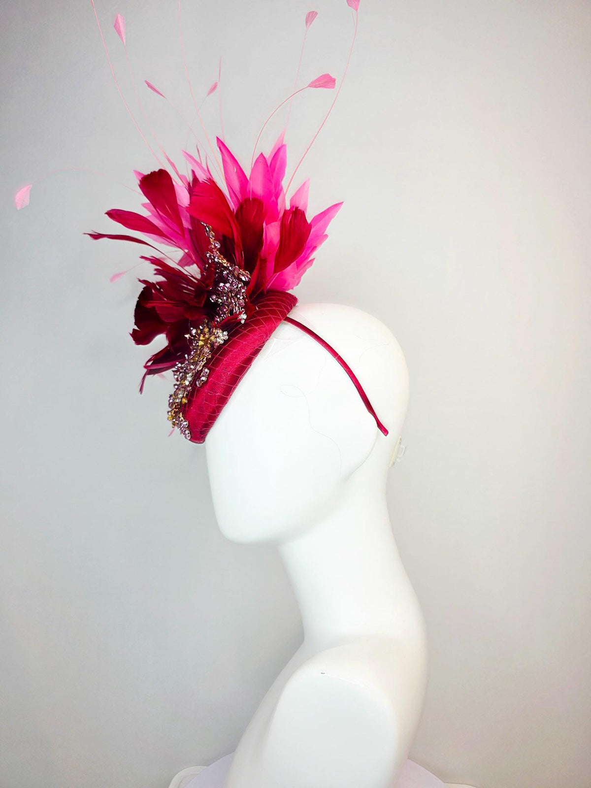 kentucky derby hat fascinator wine red satin with netting leaf vine clear silver crystal rhinestone fluffy burgundy red blush pink feathers