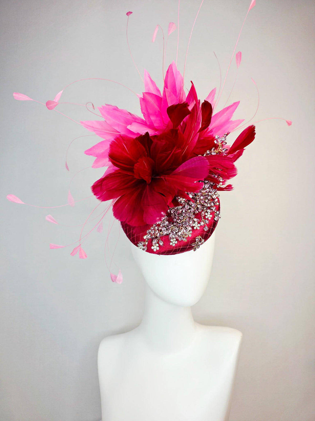 kentucky derby hat fascinator wine red satin with netting leaf vine clear silver crystal rhinestone fluffy burgundy red blush pink feathers