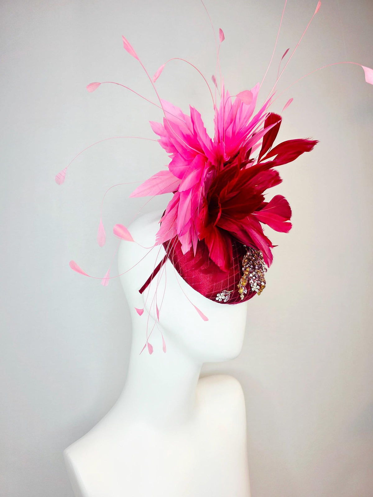 kentucky derby hat fascinator wine red satin with netting leaf vine clear silver crystal rhinestone fluffy burgundy red blush pink feathers