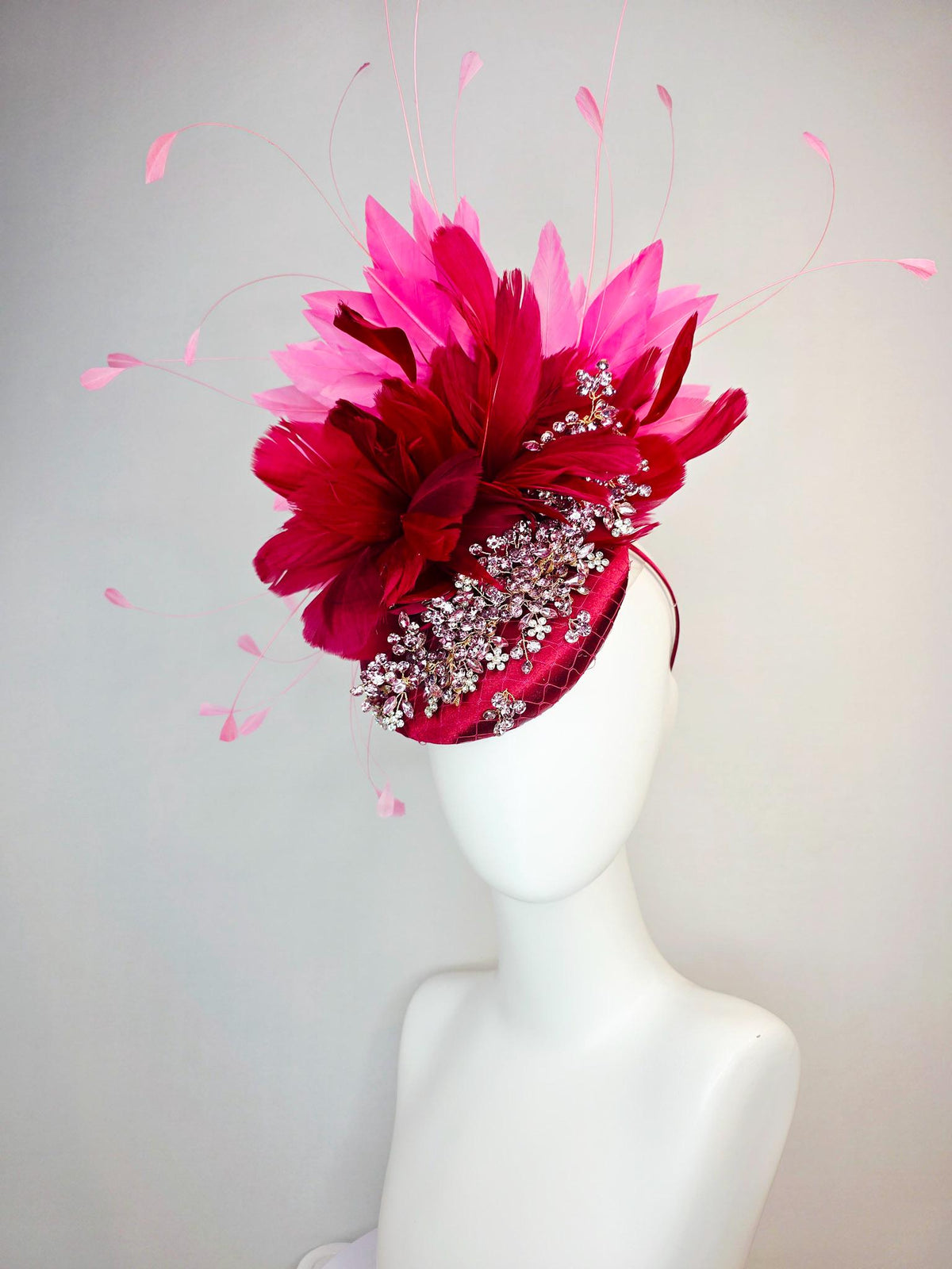 kentucky derby hat fascinator wine red satin with netting leaf vine clear silver crystal rhinestone fluffy burgundy red blush pink feathers