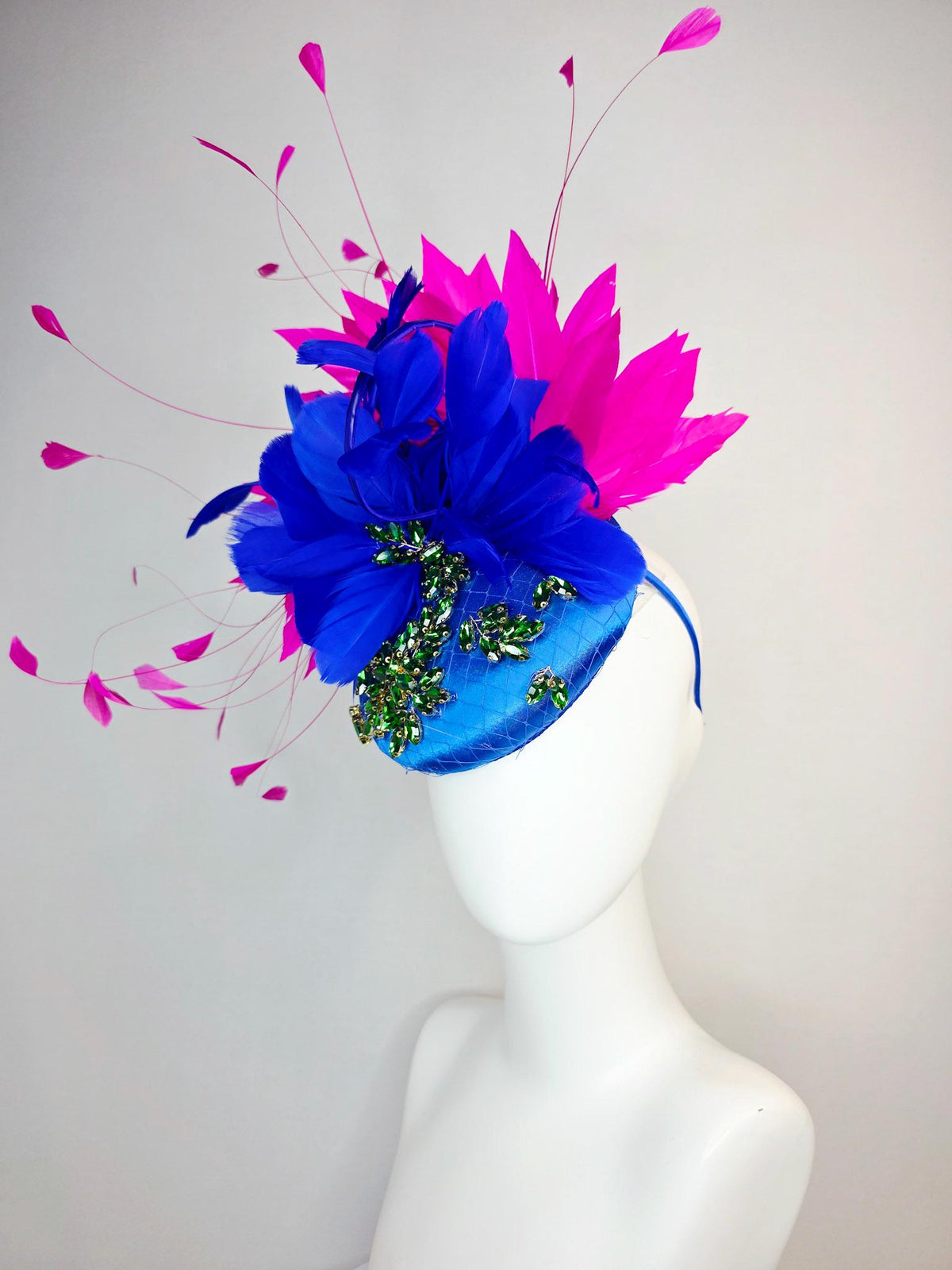 kentucky derby hat fascinator royal blue satin with netting leaf vine emerald green crystal rhinestone fuchsia pink cobalt blue feathers