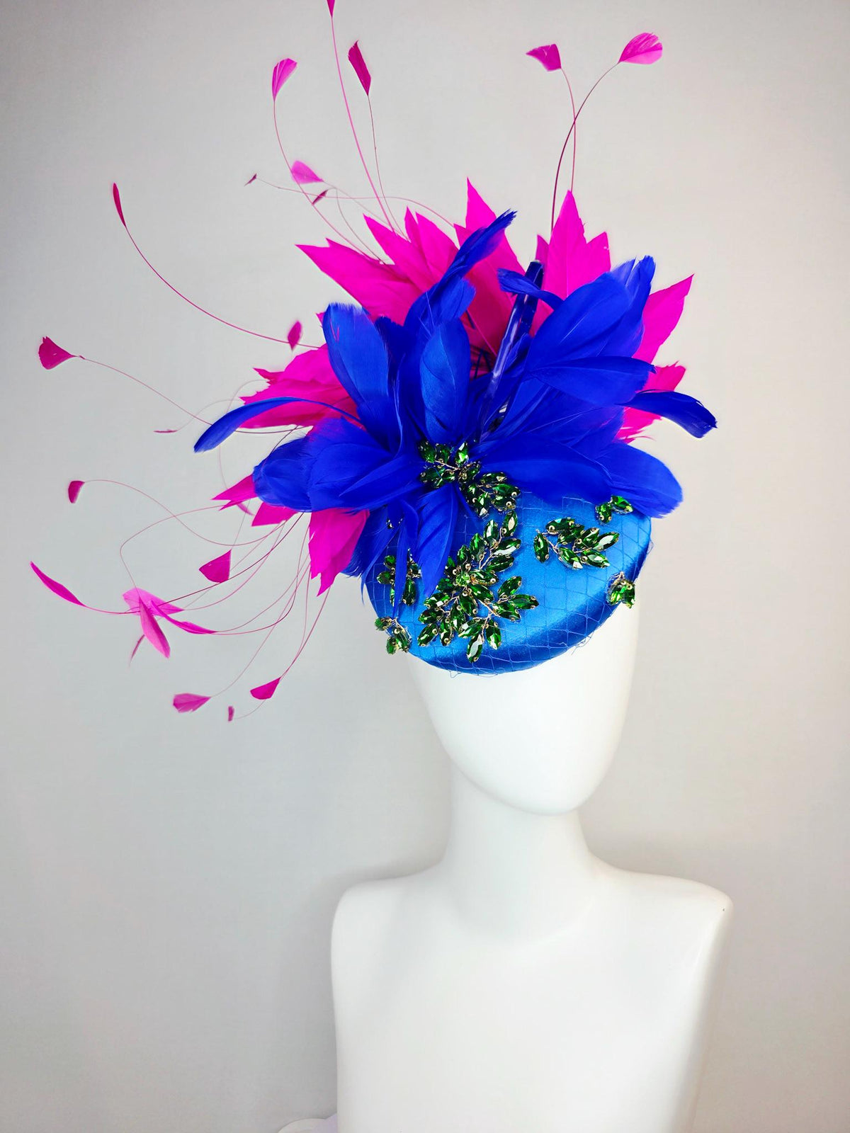 kentucky derby hat fascinator royal blue satin with netting leaf vine emerald green crystal rhinestone fuchsia pink cobalt blue feathers