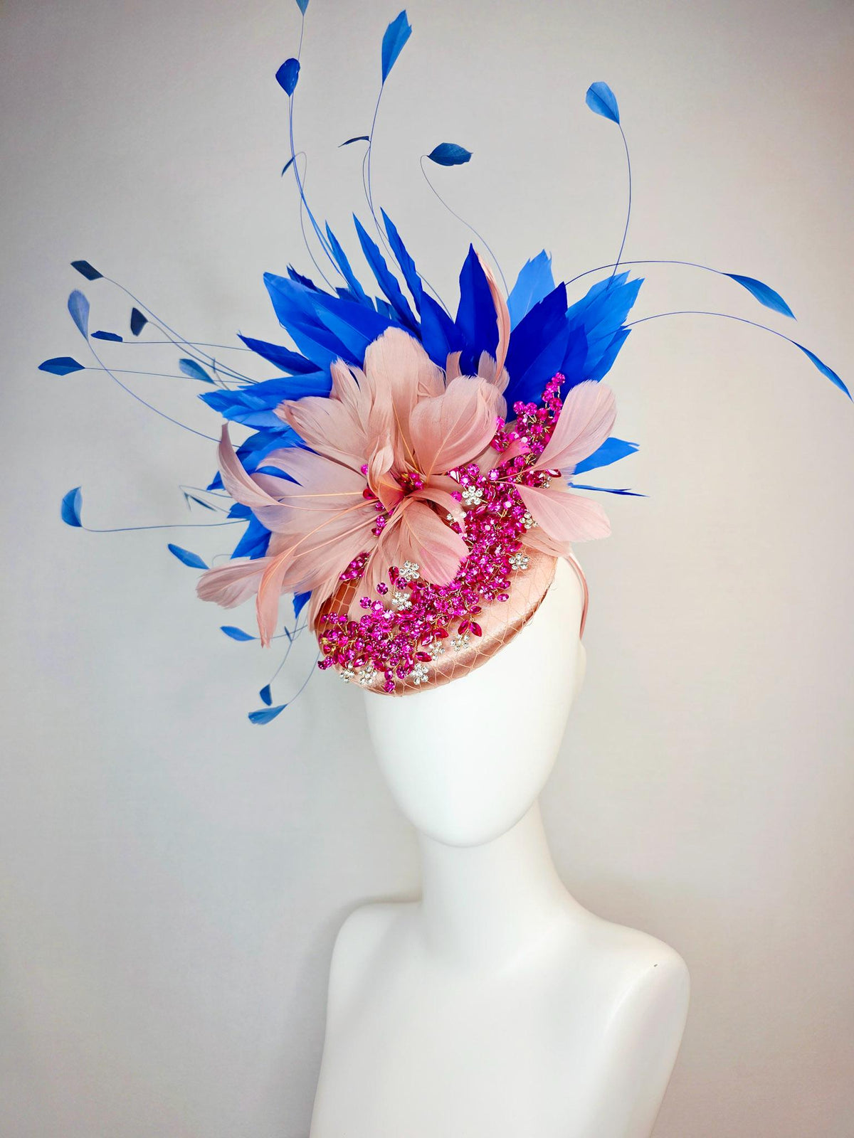 kentucky derby hat fascinator champagne satin with netting leaf vine pink crystal rhinestone dusty mauve blush pink cobalt blue feathers