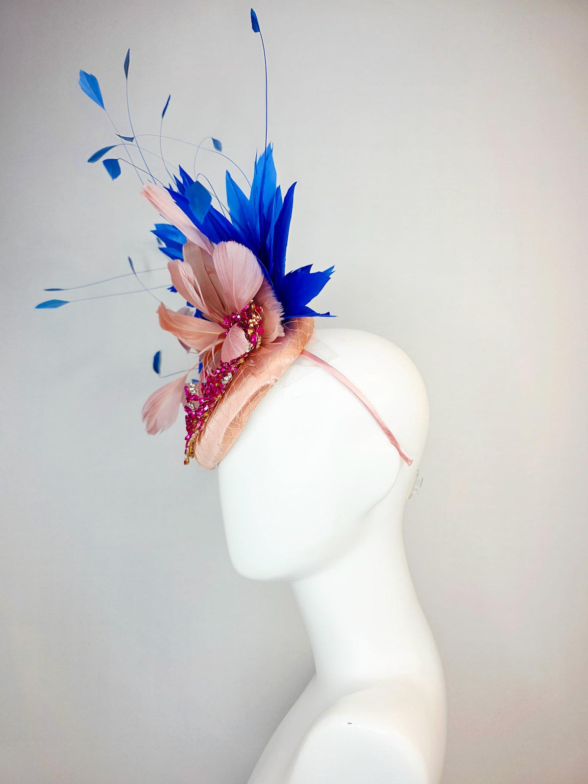 kentucky derby hat fascinator champagne satin with netting leaf vine pink crystal rhinestone dusty mauve blush pink cobalt blue feathers