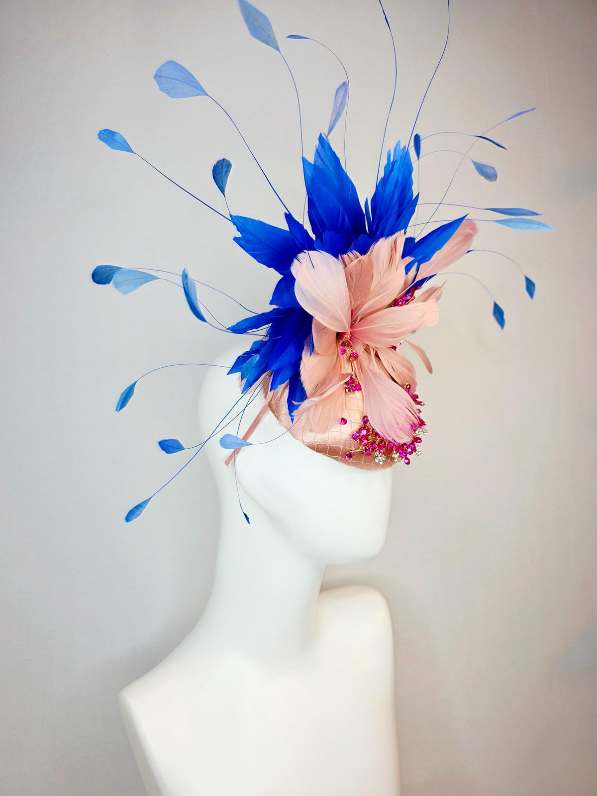 kentucky derby hat fascinator champagne satin with netting leaf vine pink crystal rhinestone dusty mauve blush pink cobalt blue feathers