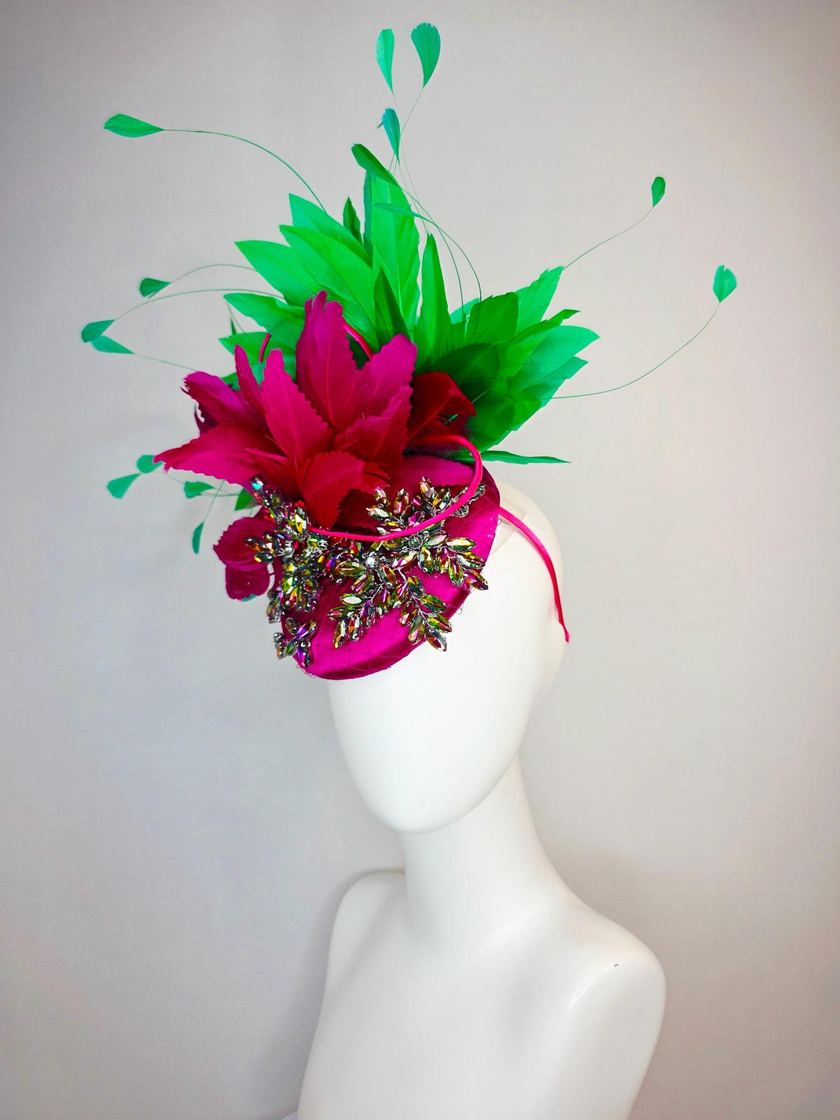 kentucky derby hat fascinator magenta pink satin with netting leaf vine iridescent crystal rhinestone and fuchsia pink lime green feathers