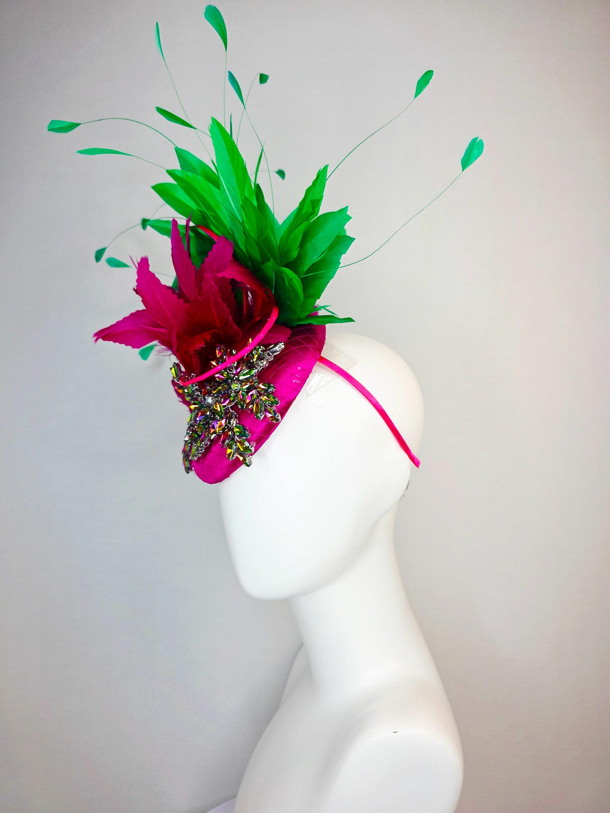 kentucky derby hat fascinator magenta pink satin with netting leaf vine iridescent crystal rhinestone and fuchsia pink lime green feathers